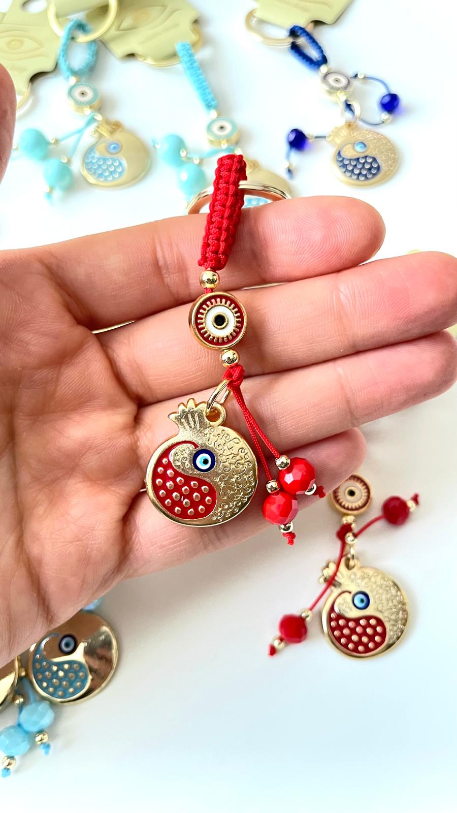 Red Pomegranate Abundance Design Gold Evil Eye Keychain