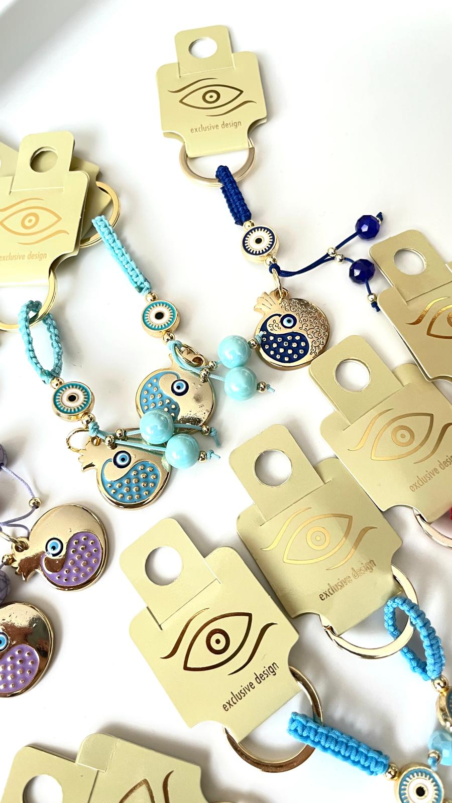Turquoise Pomegranate Abundance Design Gold Evil Eye Keychain