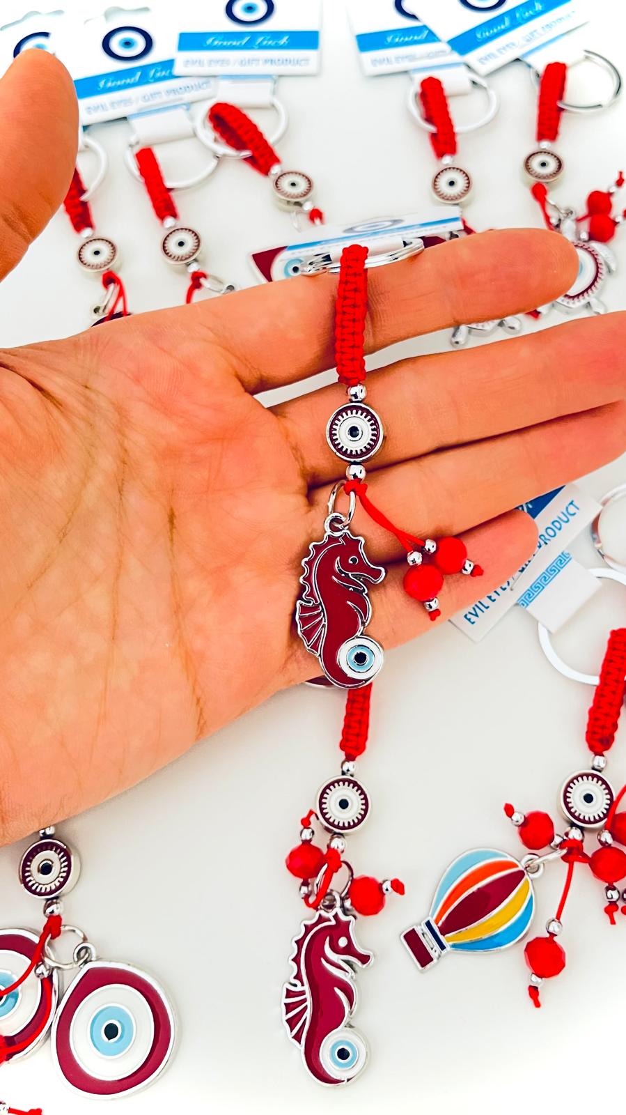 Llavero de Caballito de Mar Plata Rojo Ojo Turco