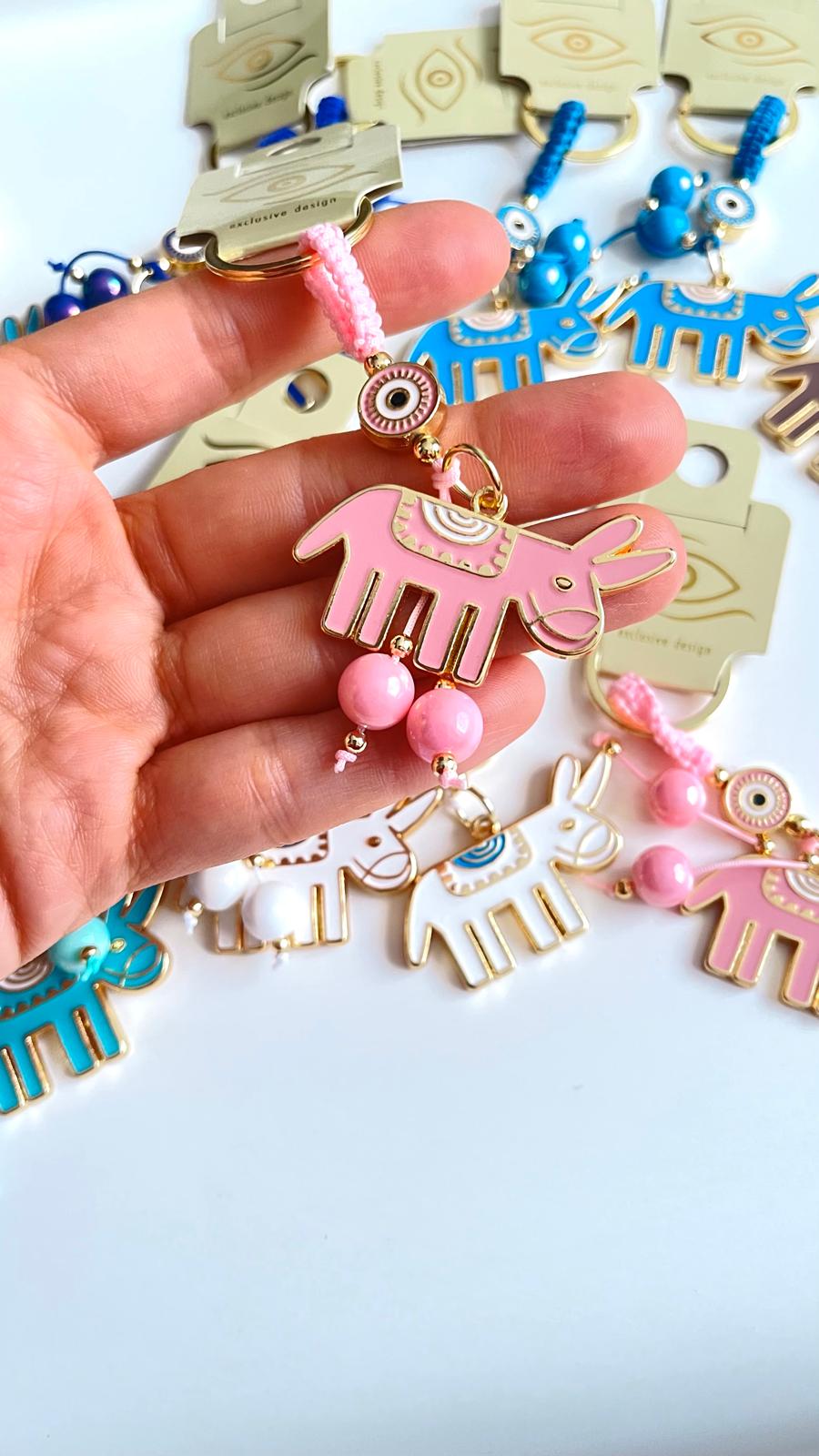 Pink Donkey Design Gold Evil Eye Keychain