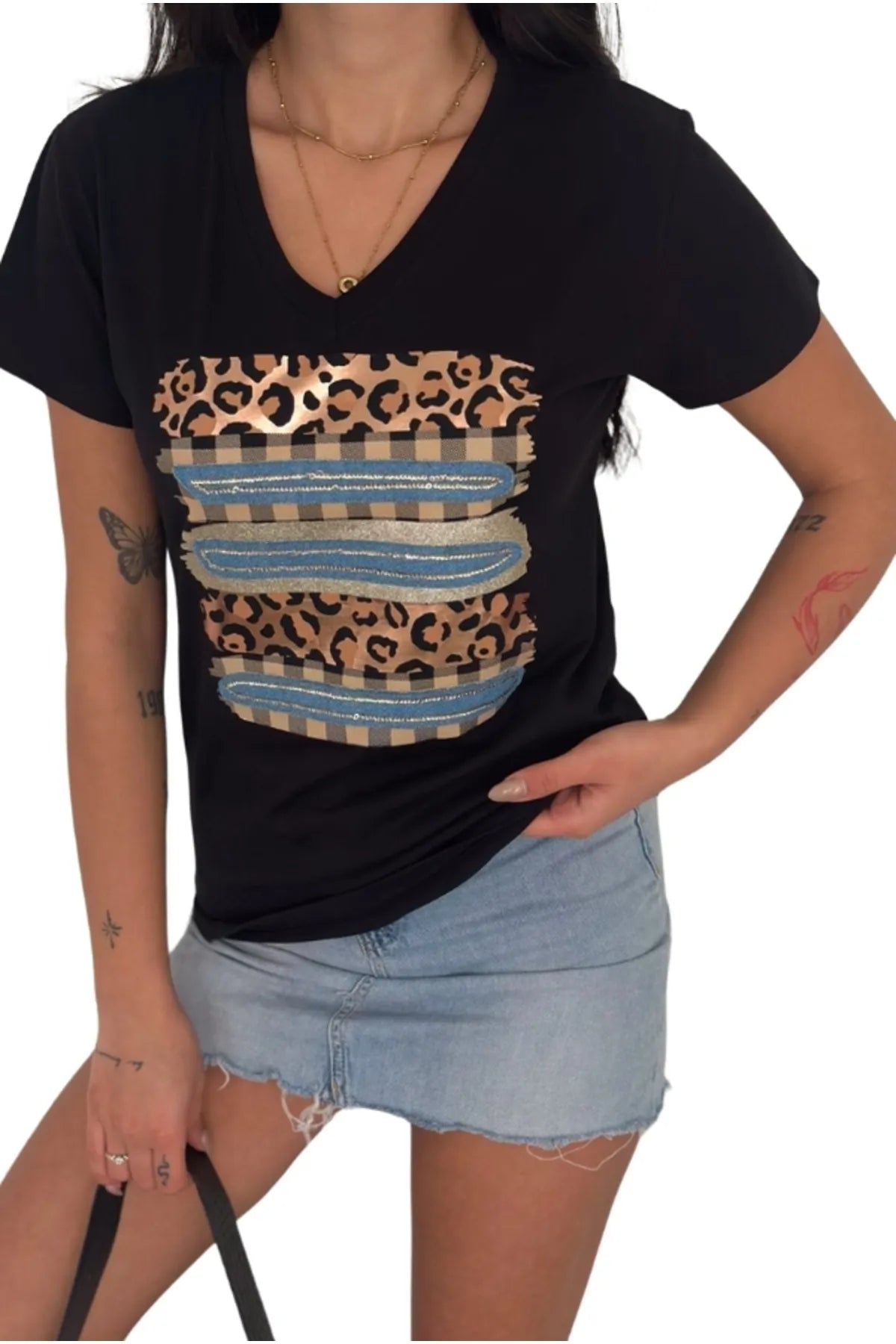 Tilda Leopar Desenli Payetli Tişört - Siyah