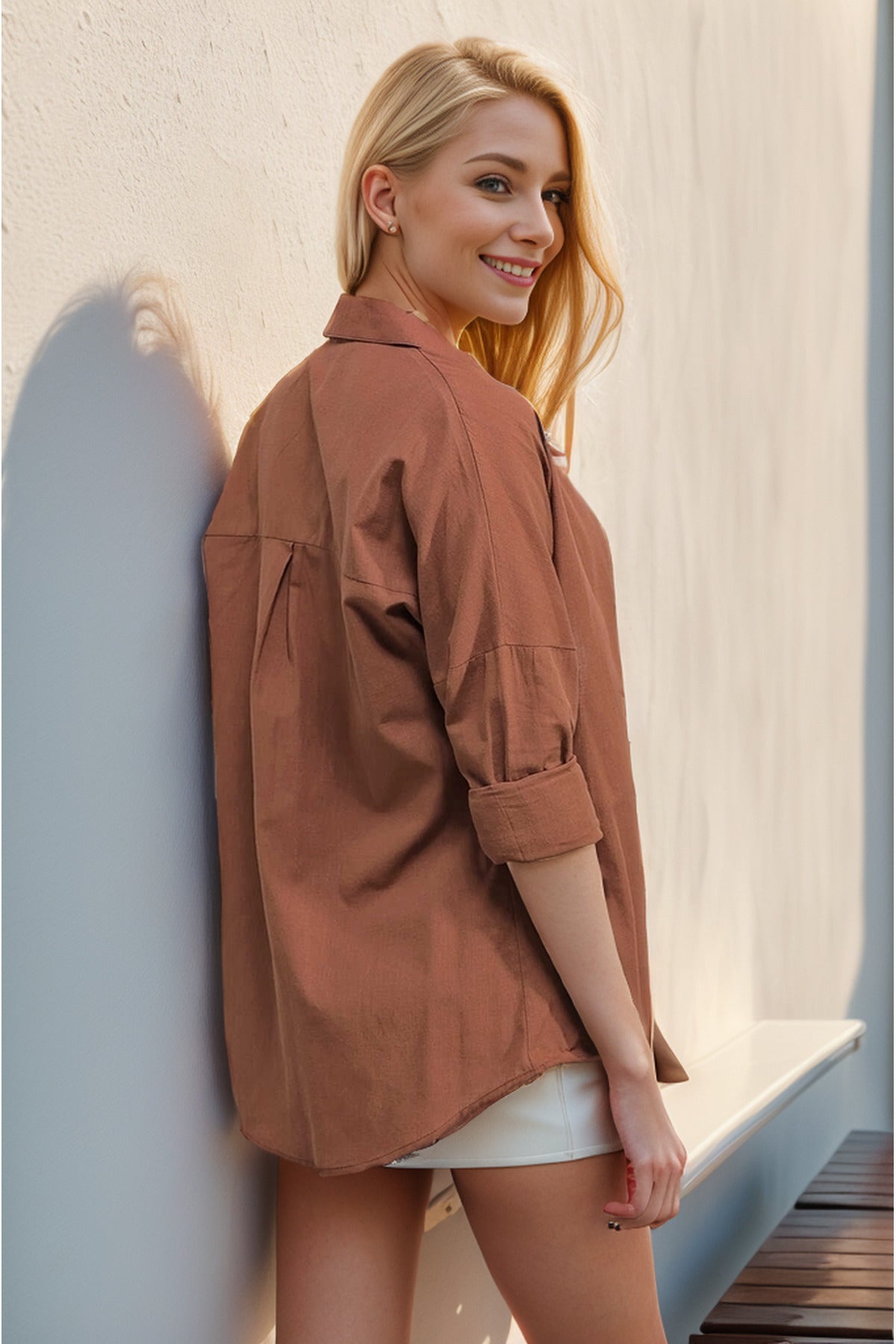 Clementine Women's Linen Blend Pocket Button-Up Shirt - Brown