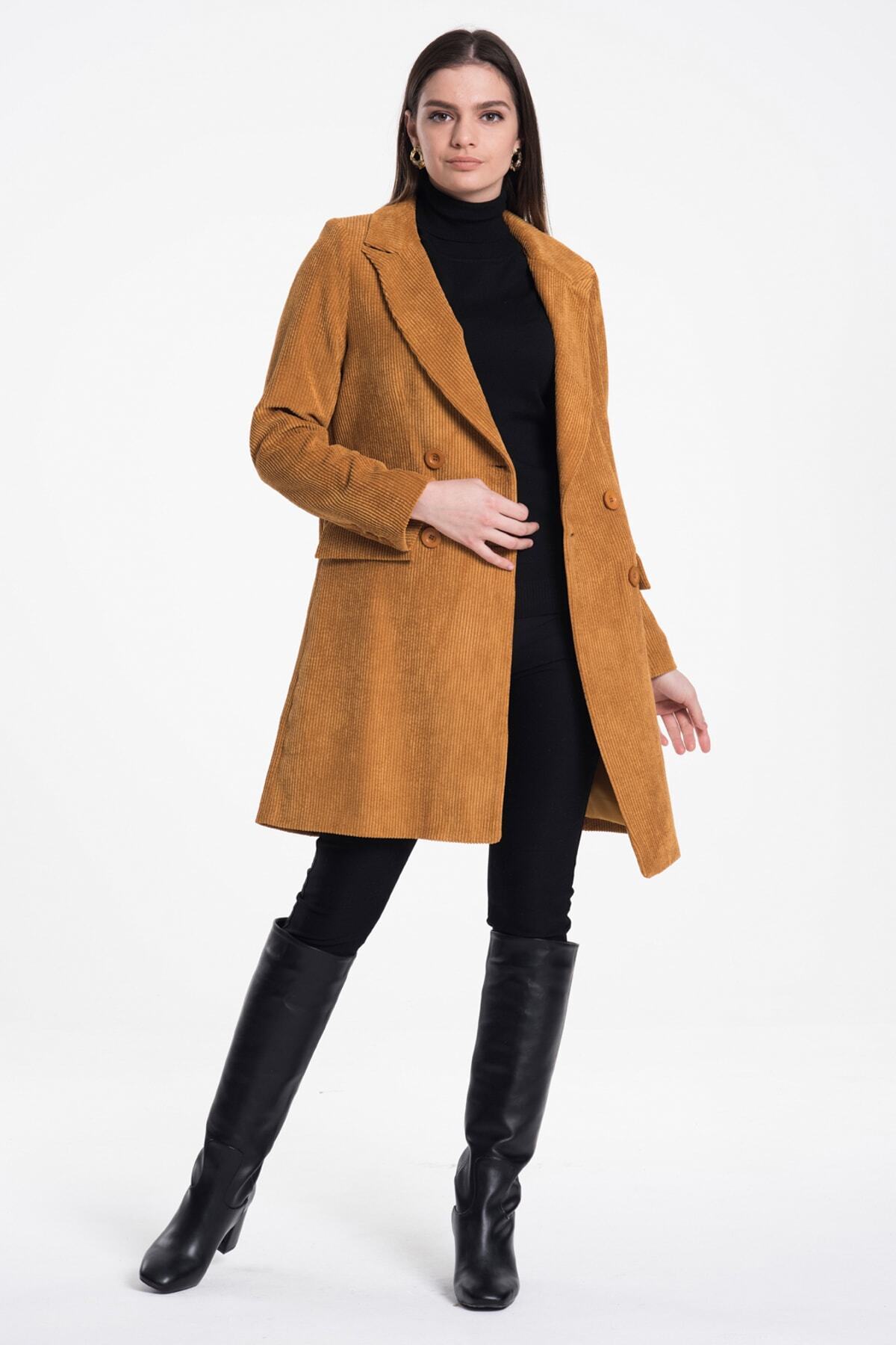Giselle Women's Double-Breasted Velvet Coat - Mustard - product image 3