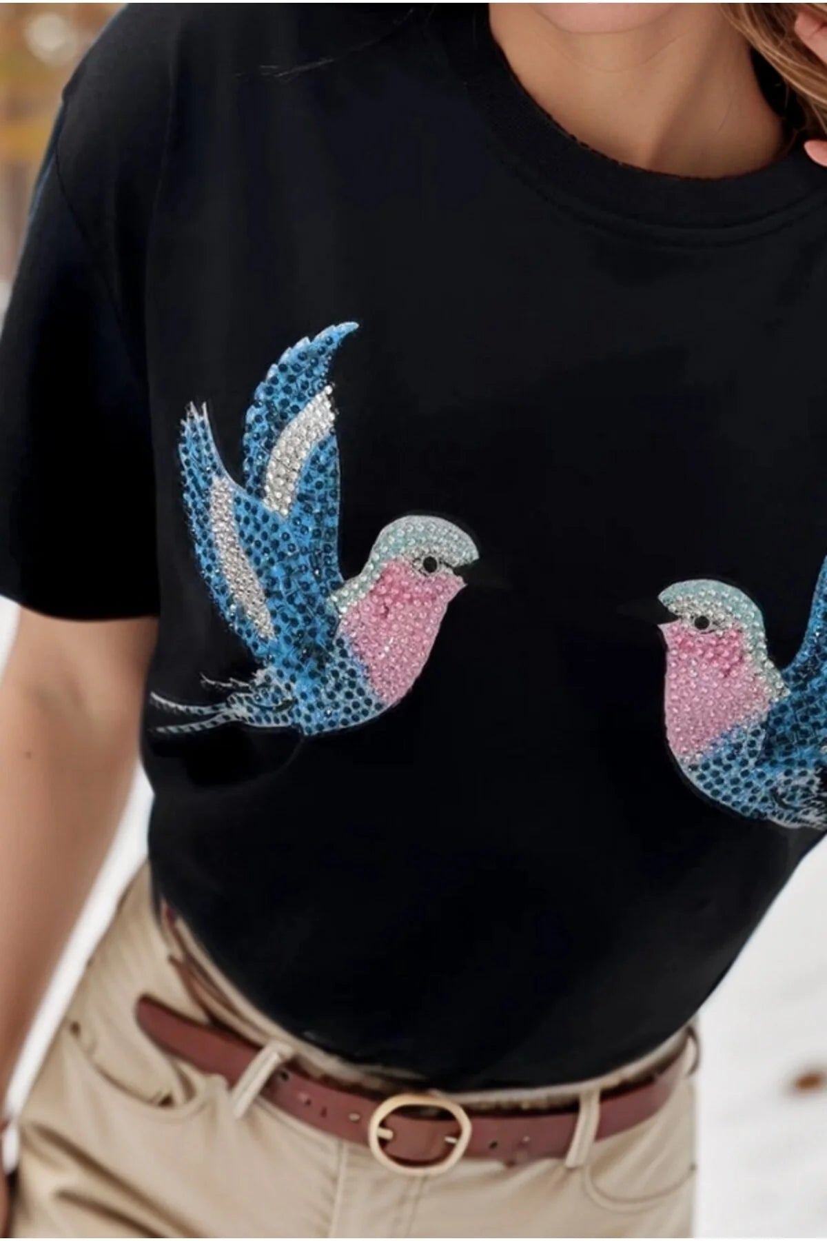 Camiseta Tilda Cactus Floral de Algodón con Lentejuelas - Negro
