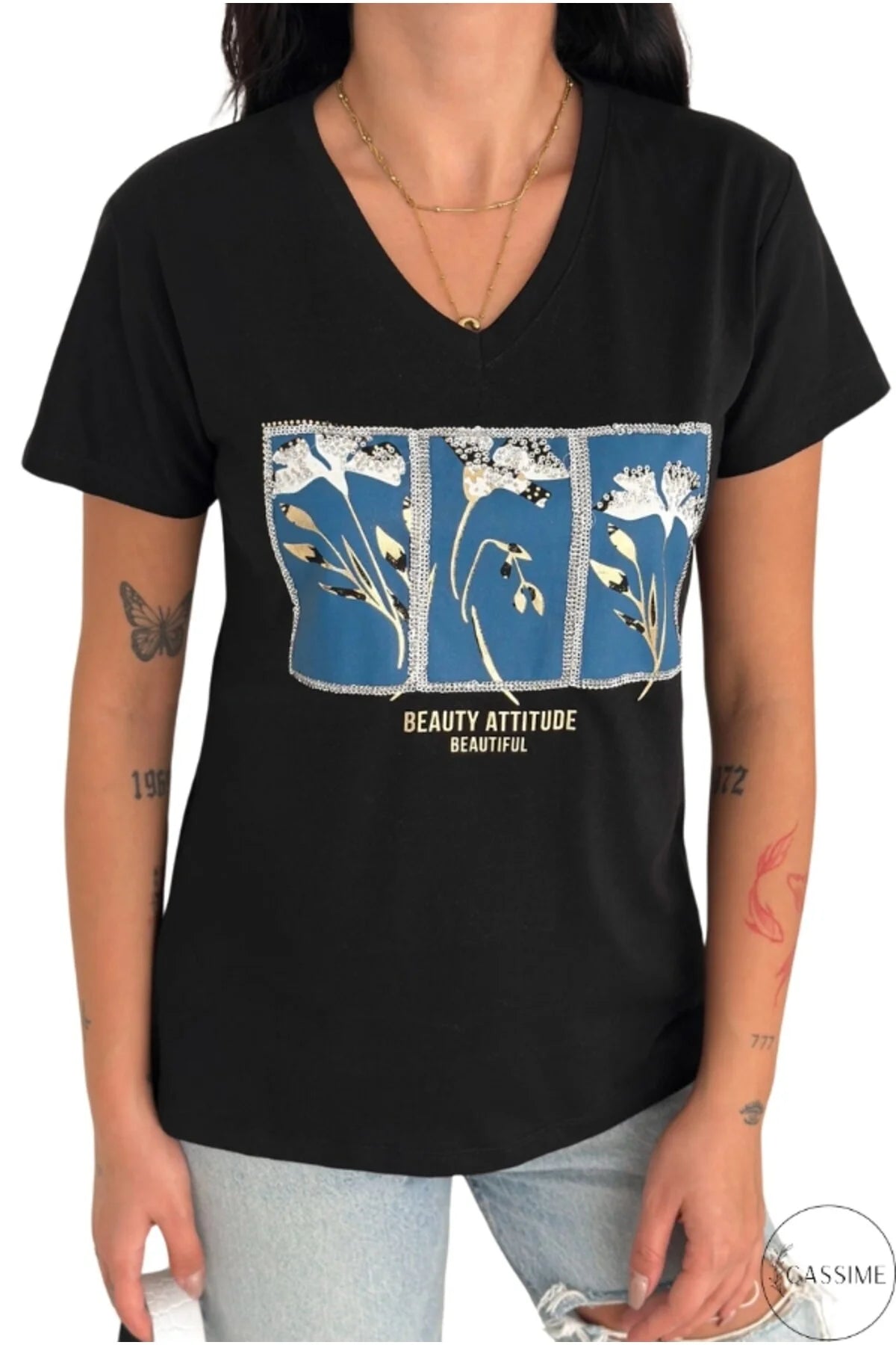 Camiseta de algodón Tilda con lentejuelas, diseño floral en negro y azul