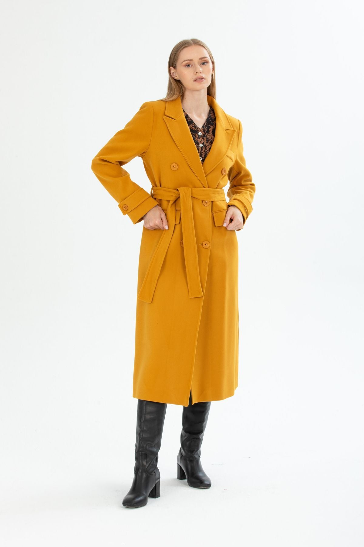 Belinda Women's Belted Notched Collar Coat - Mustard - product image 3