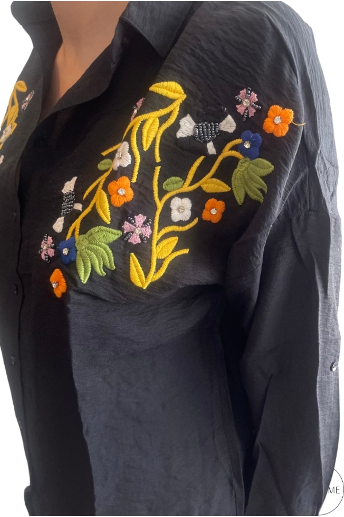 Claire Women's Floral Embellished Button-Up Shirt - Black Floral Embroidery