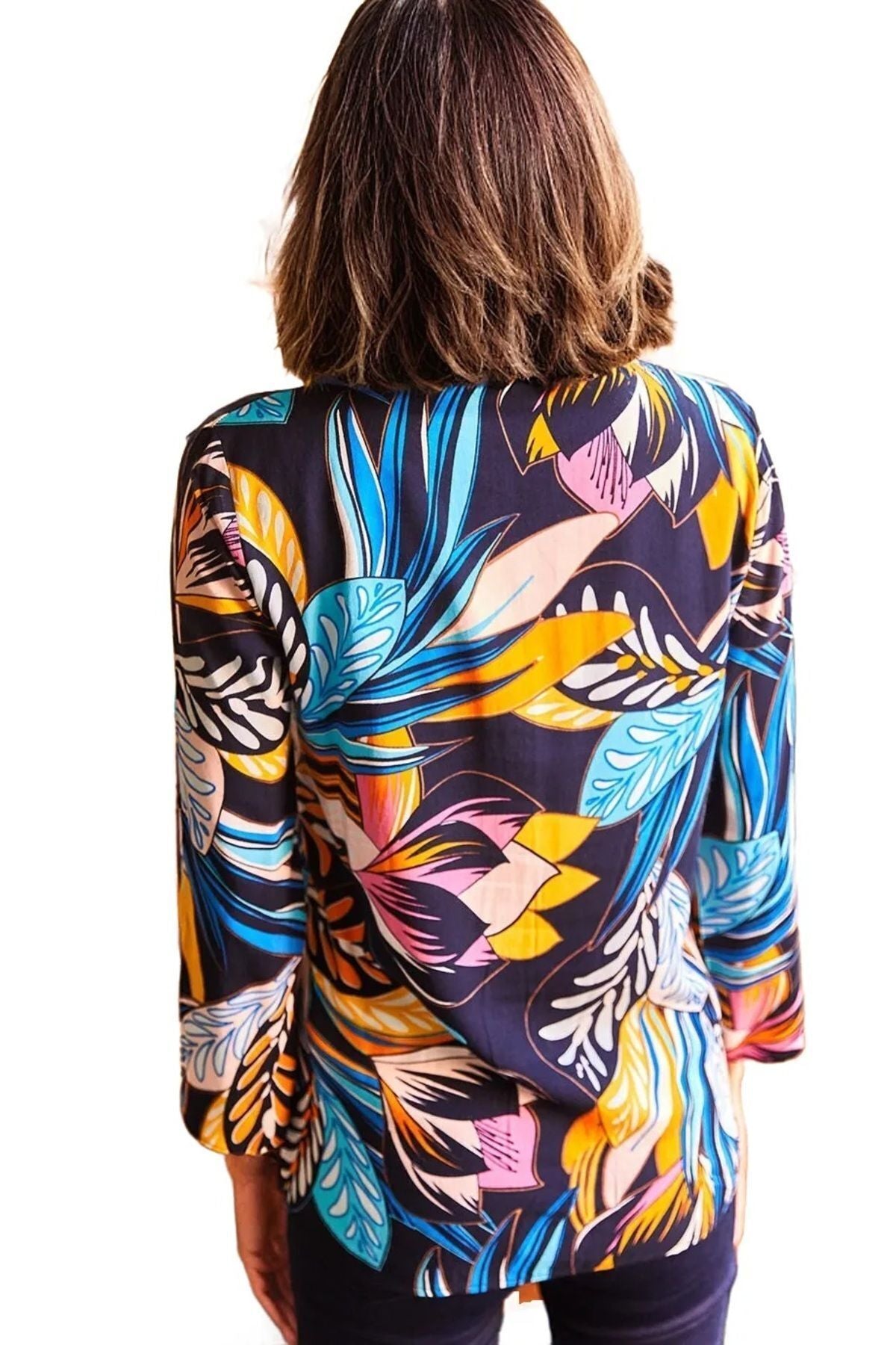 Amelia Women's Viscose Long Sleeve Button-Up Shirt - Black with Blue Leaf Print