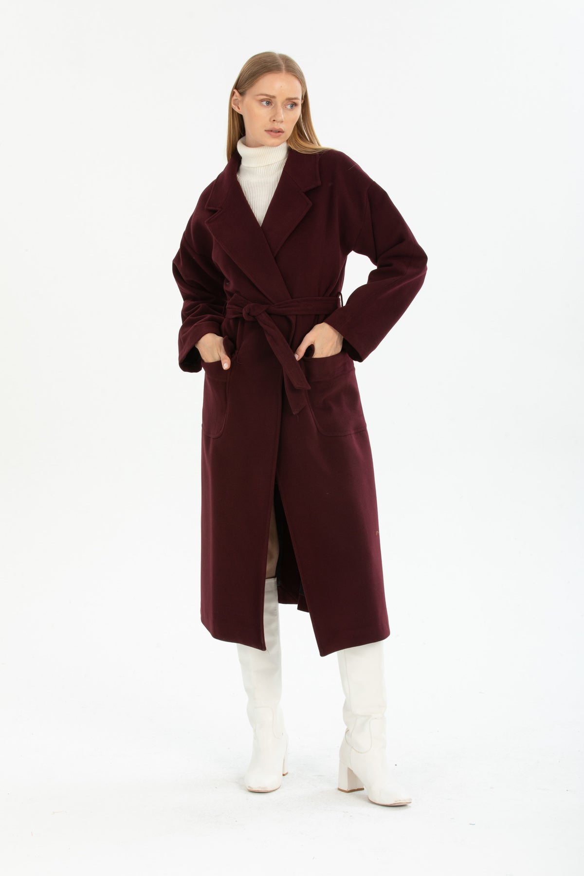 Anabel Women's Belted Notched Collar Coat - Plum - product image 1