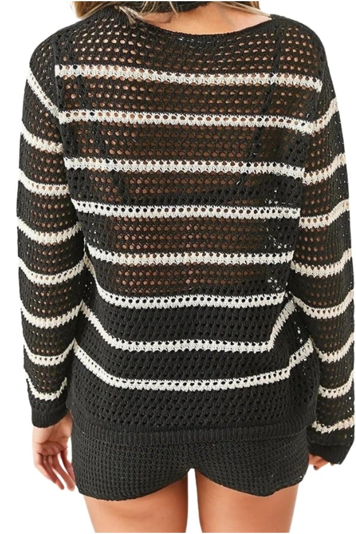 Alexandra Women's Striped Boat Neck Openwork Sweater - Black and White