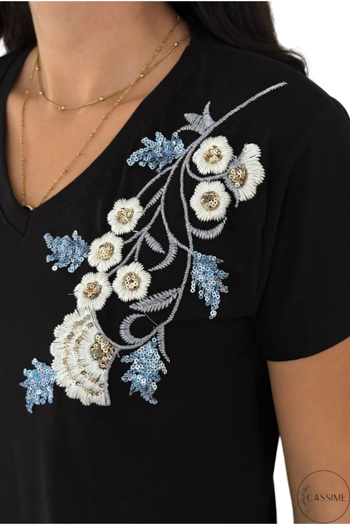 Tilda Black Floral Sequin Cotton T-Shirt