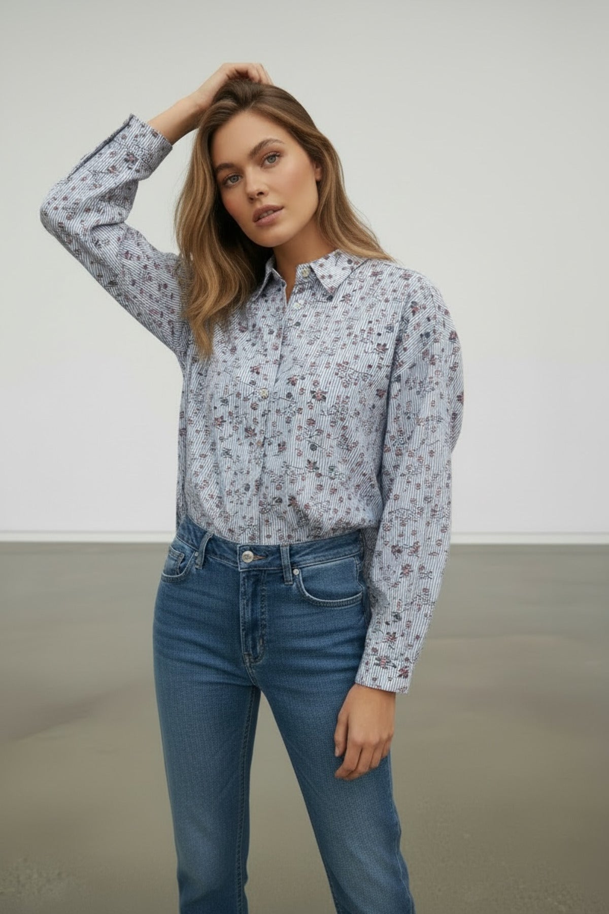 Amy Women's Striped Floral Poplin Shirt - Blue Floral - product image 4
