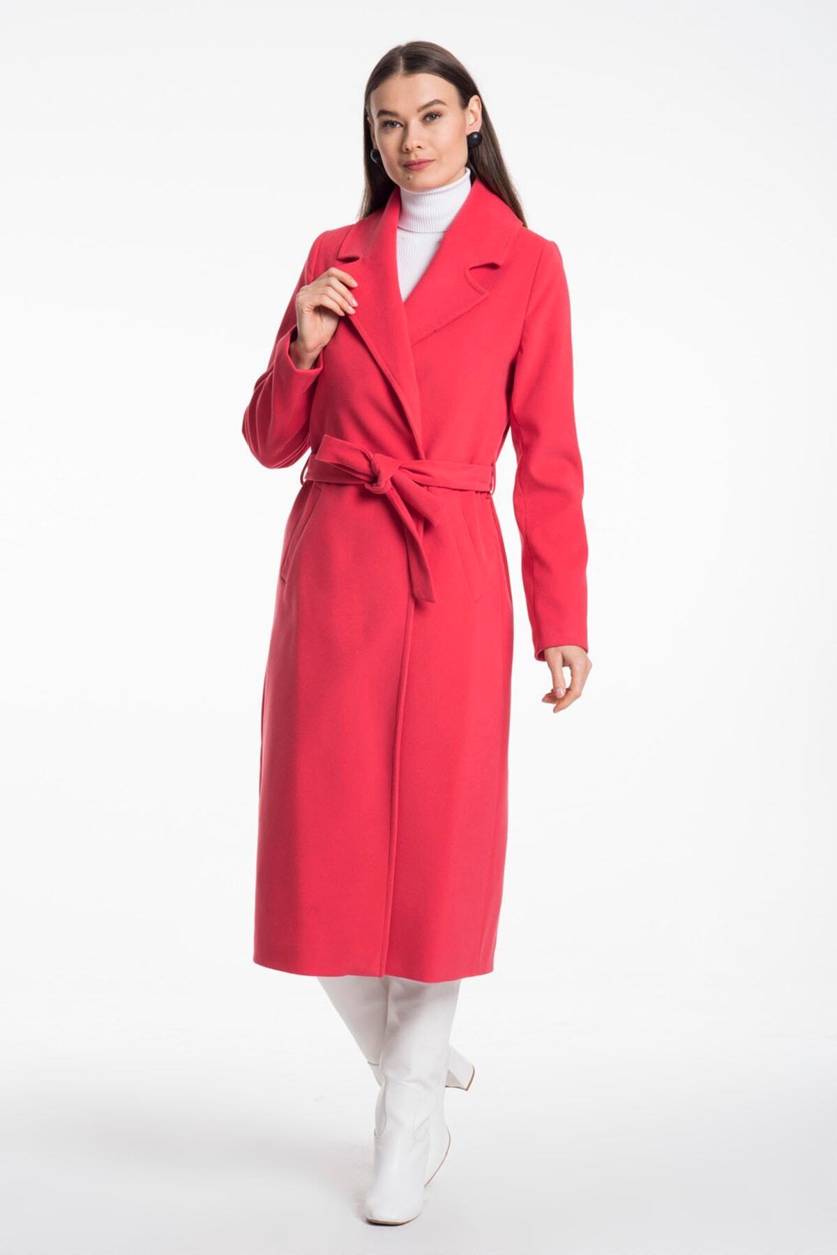 Faye Women's Belted Notched Collar Coat - Matte Coral Red - product image 3
