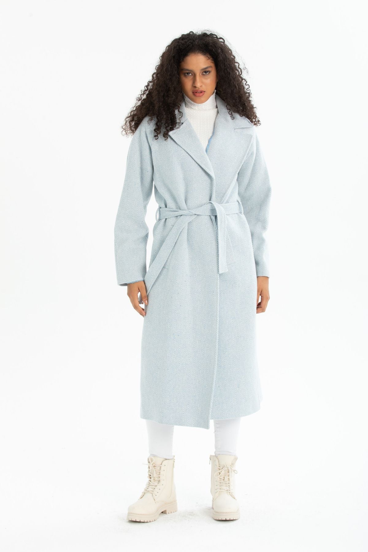 Beatrix Women's Herringbone Belted Coat - Blue Herringbone - product image 5