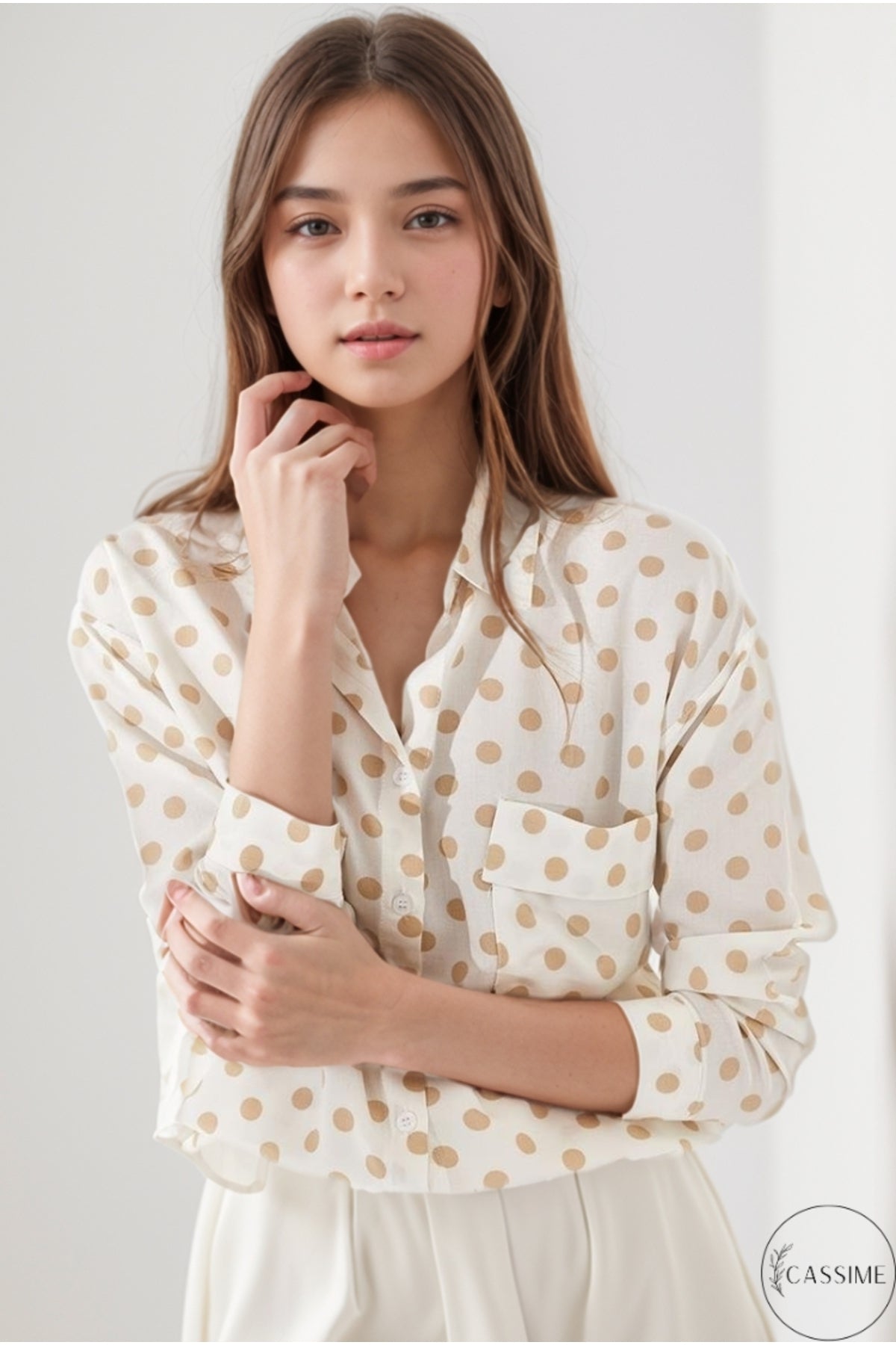 Iris Women's Viscose Relaxed Fit Pocket Shirt - Ecru with Beige Polka Dots