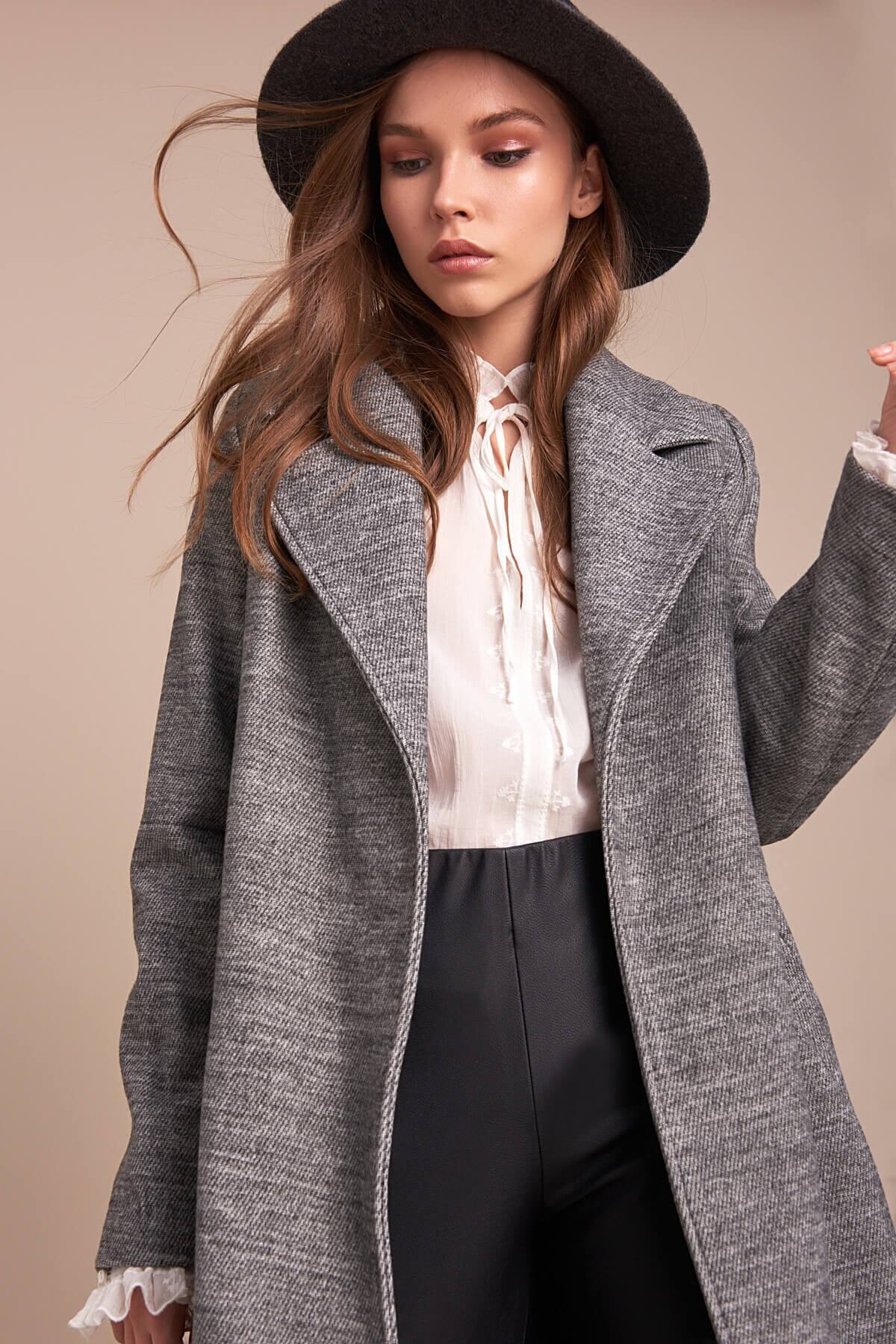 Ilene Women's Striped Belted Notched Collar Coat - Gray Stripe - product image 4