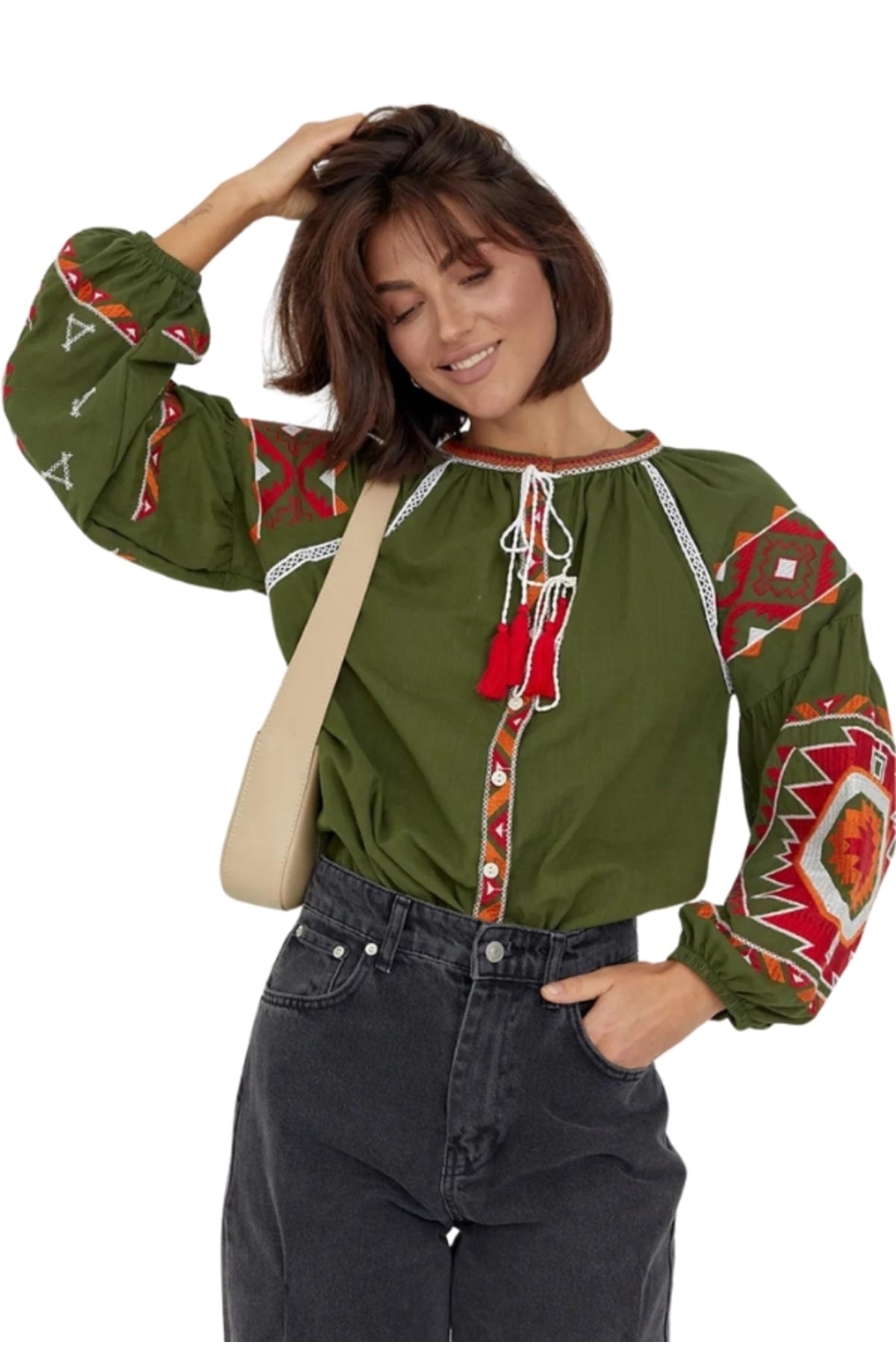 Penelope Women's Cotton Vintage Inspired Embroidered Blouse - Green