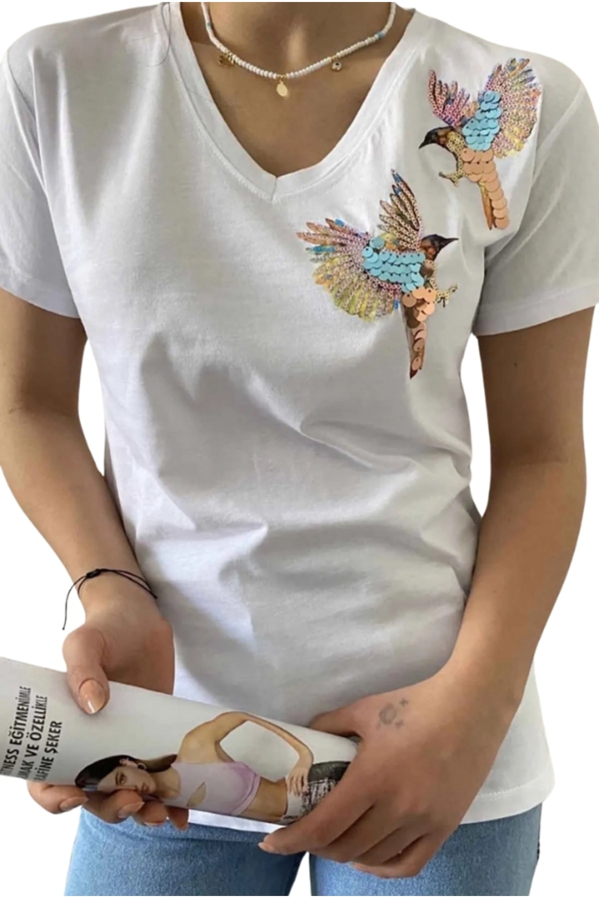 Olivia Women's Cotton Plus Size Embellished V-Neck T-Shirt - White with Bird Embroidery