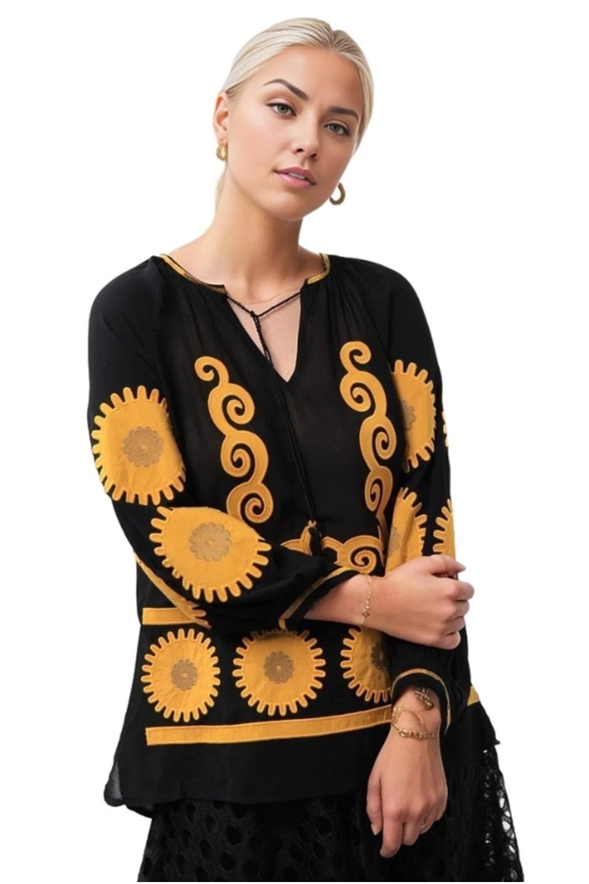 Ainsley Women's Cotton Vintage Inspired Floral Embroidered Blouse - Black