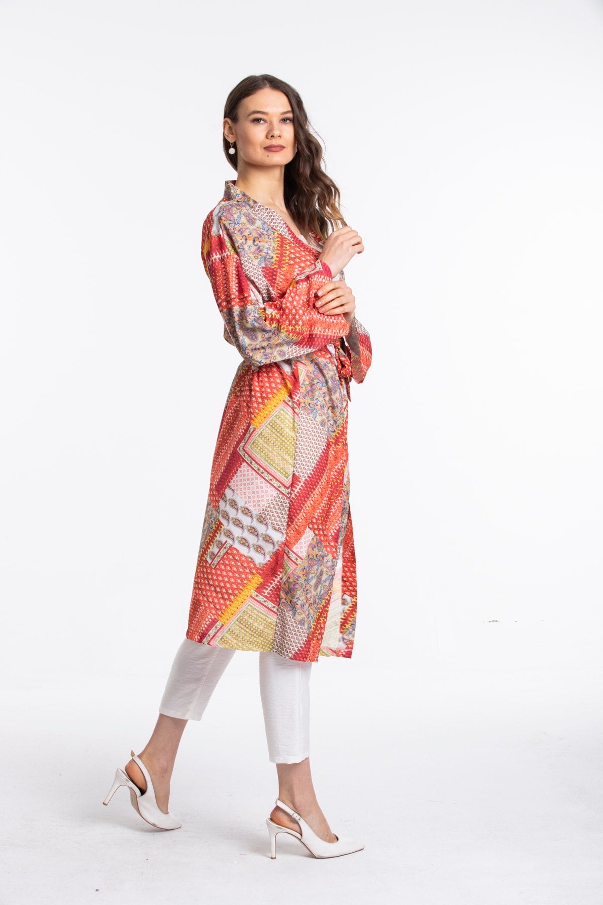 Elise Women's Belted Kimono - Coral Red Print - product image 1