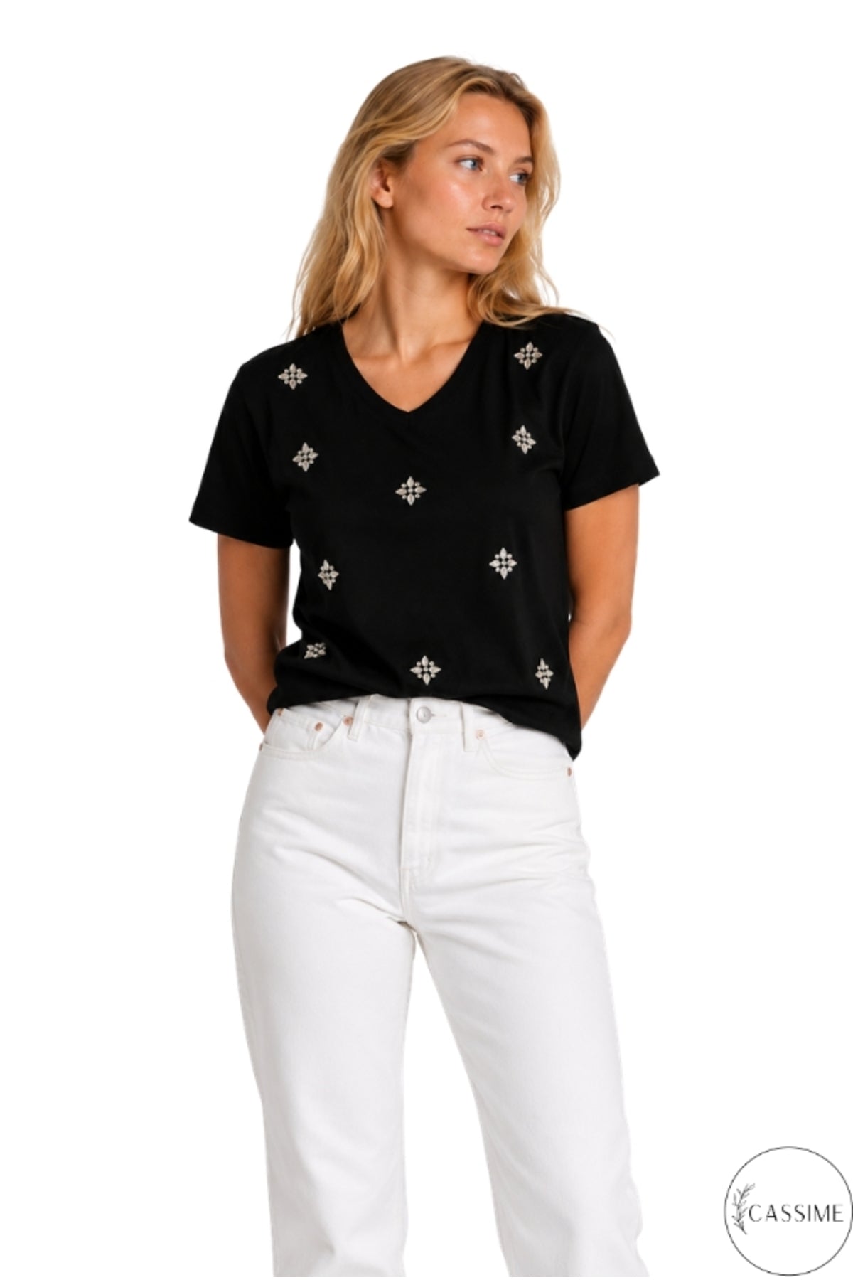 Emma Women's Cotton Embellished T-Shirt - Multicolor Floral Rhinestones