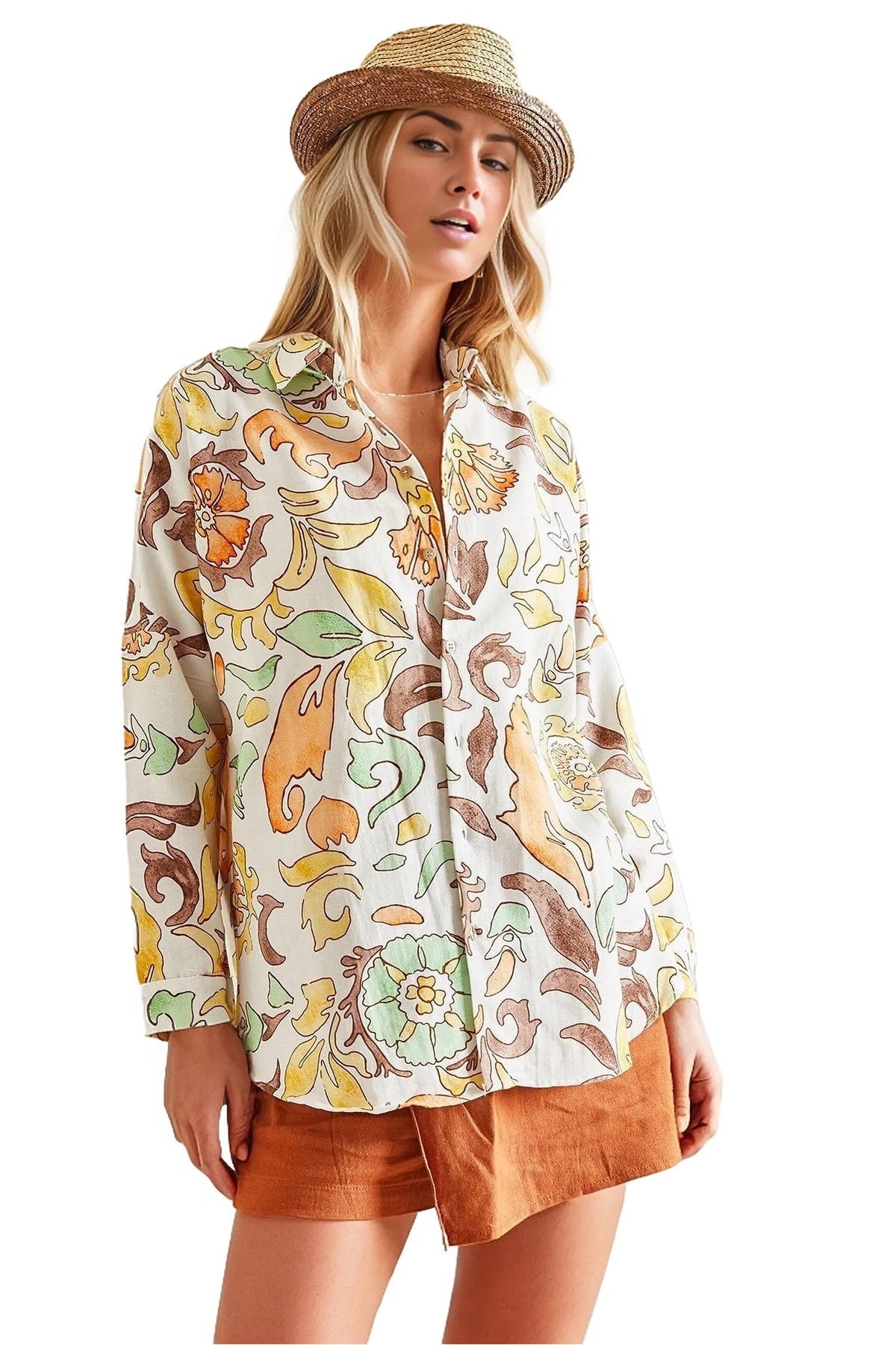 Emilia Women's Linen Blend Oversized Printed Shirt - Light Orange Floral