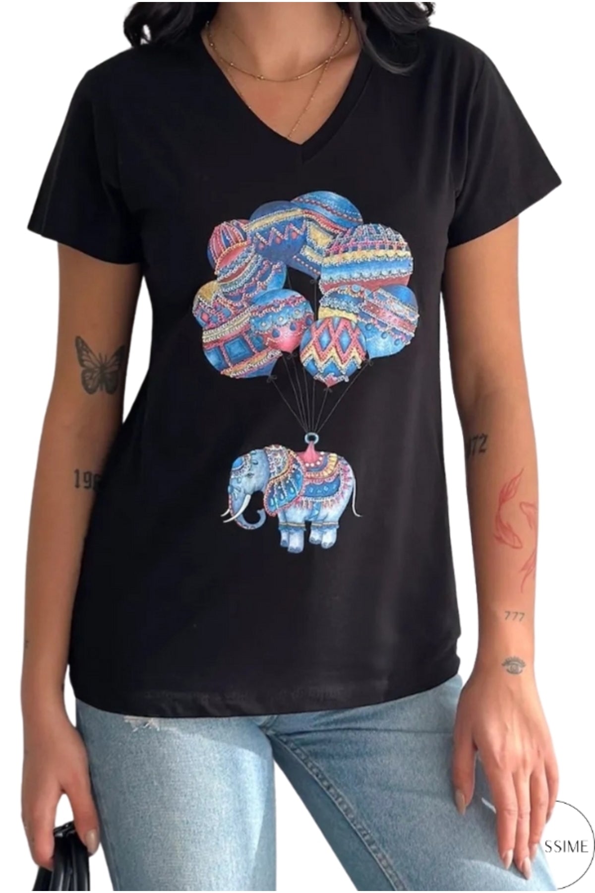 Olivia Women's Cotton Plus Size Embellished V-Neck T-Shirt - Black with Balloon Elephant Sequins
