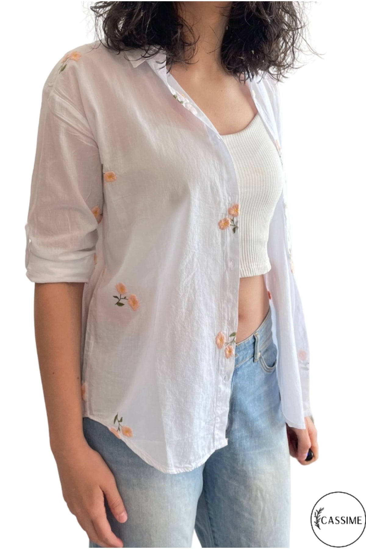 Ella Women's Cotton Embroidered Button-Up Shirt - White with Peach Flowers