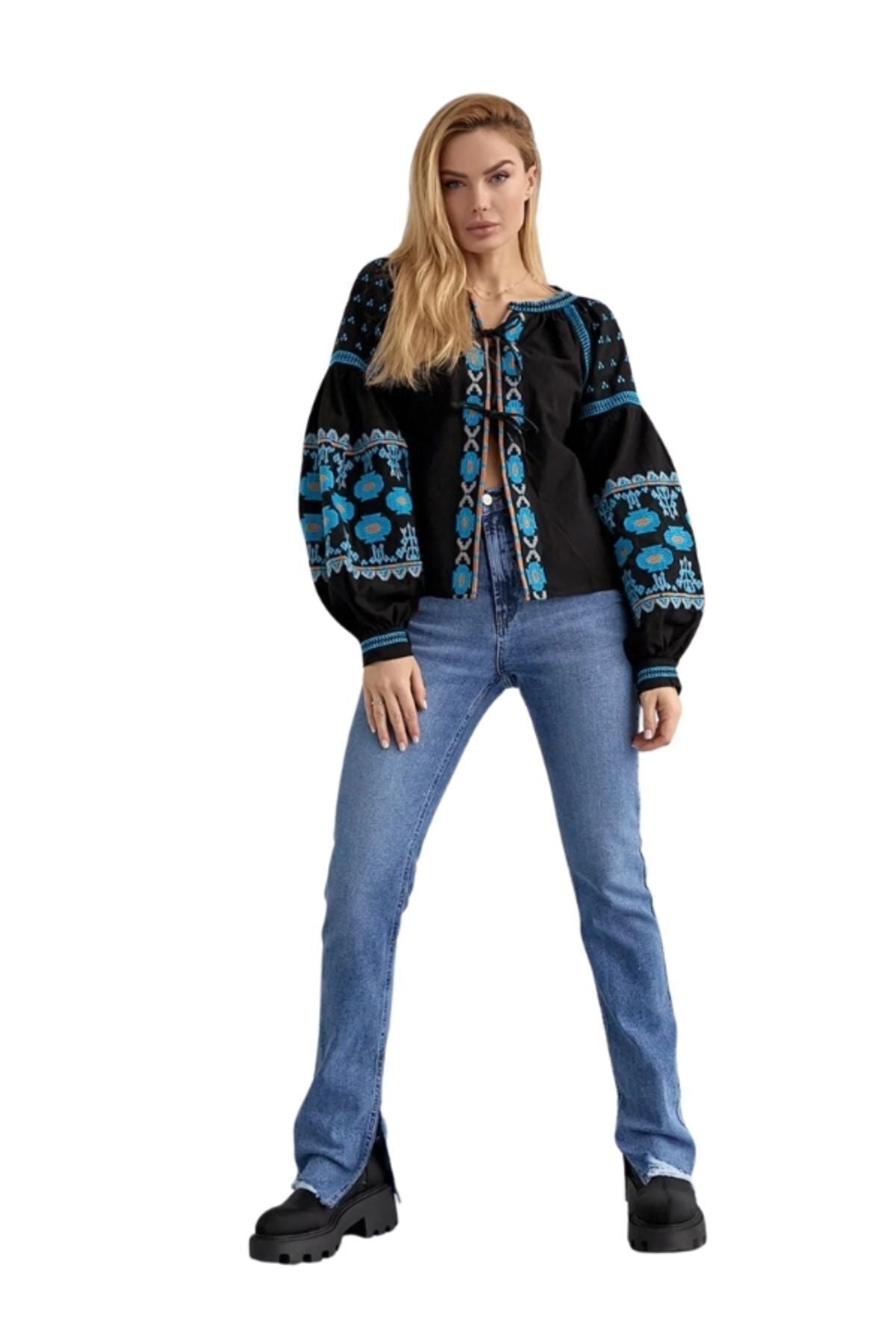 Vivian Women's Vintage Inspired Embroidered Jacket - Black with White Embroidery