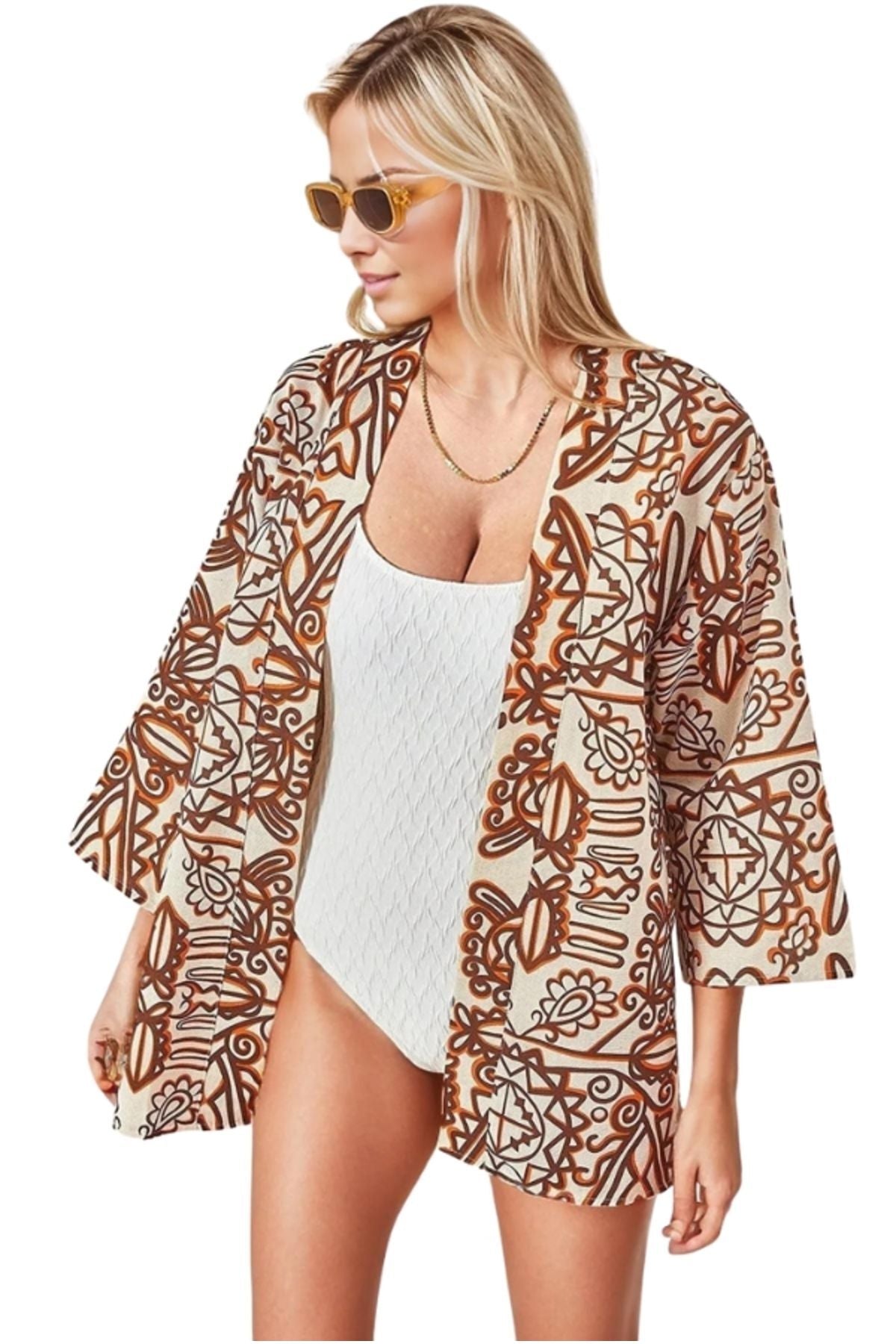 Catherine Women's Linen-Viscose Blend Relaxed Fit Kimono - Brown Boho Print