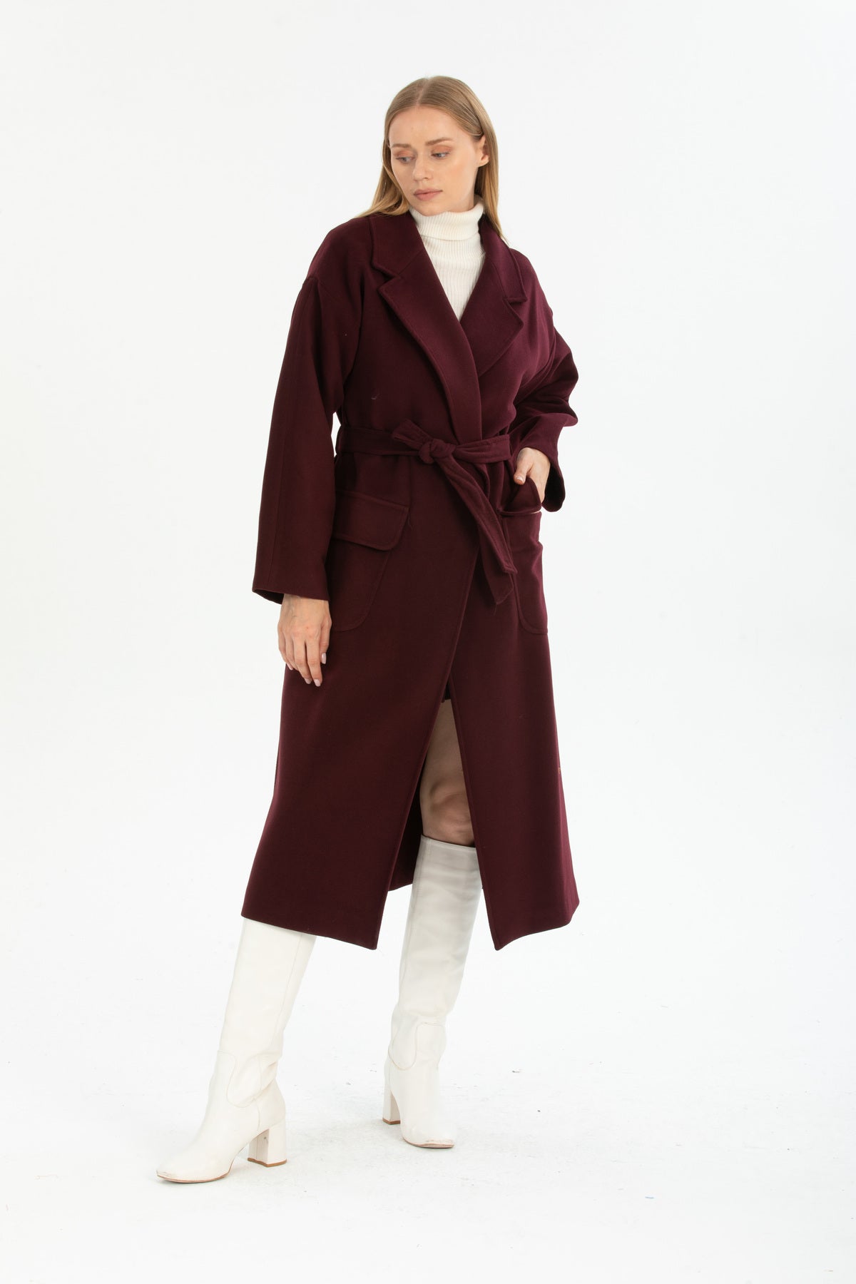 Anabel Women's Belted Notched Collar Coat - Plum - product image 5