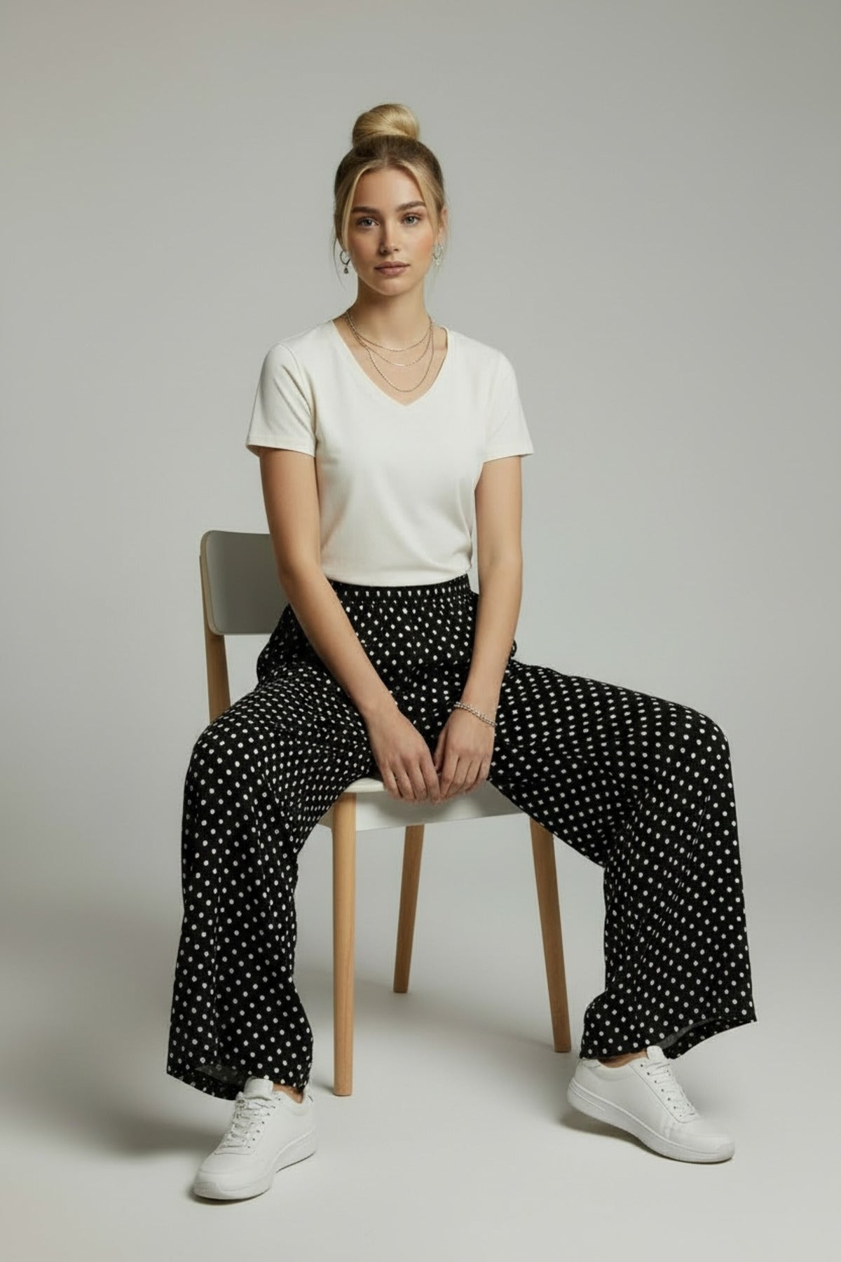 Bethany Women's Viscose High Waist Palazzo Pants - Black with White Polka Dots