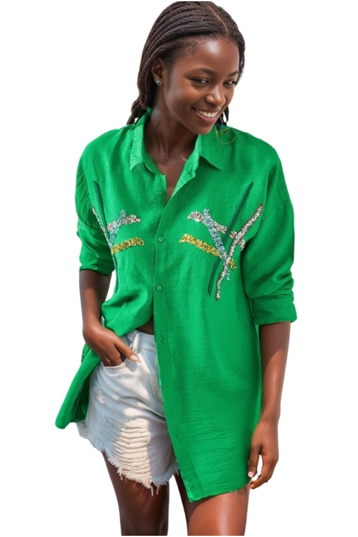 Natasha Women's Embroidered Oversized Shirt - Grass Green Print