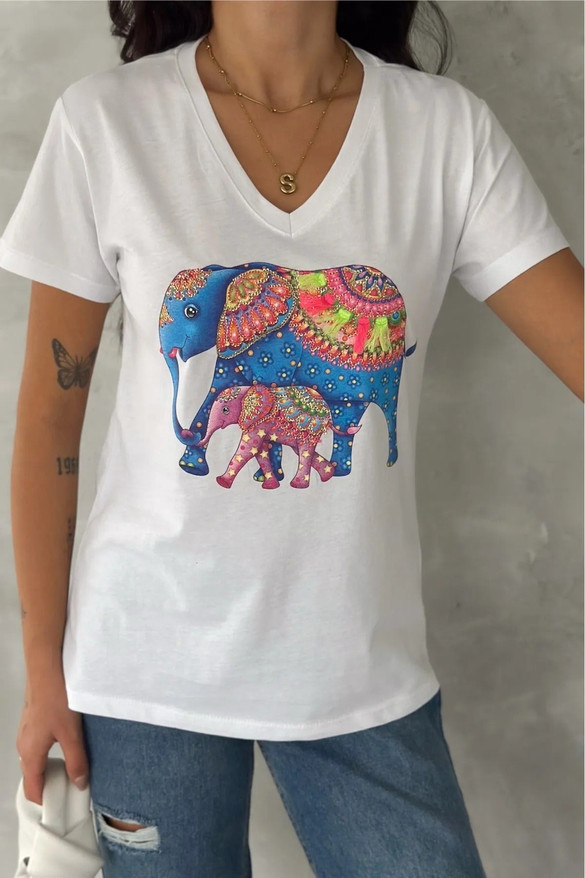 Tilda White Elephant Sequin Cotton T-Shirt