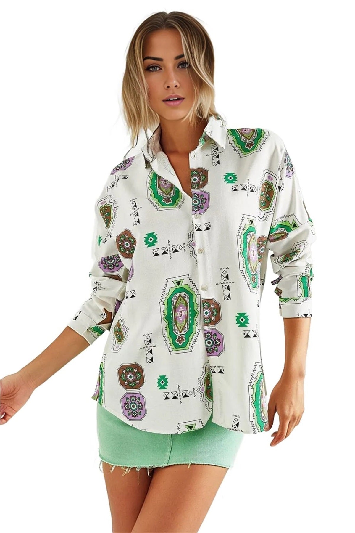 Emilia Women's Linen-Viscose Blend Oversized Printed Shirt - Green Boho Print