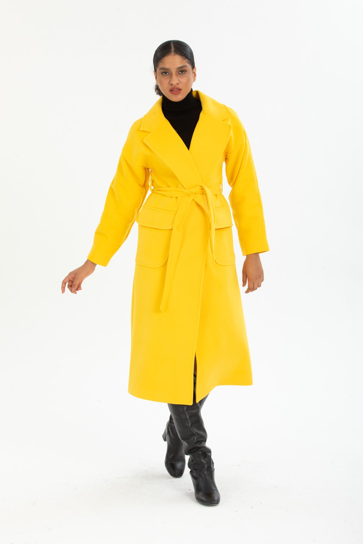 Anabel Women's Belted Notched Collar Coat - Yellow - product image 1