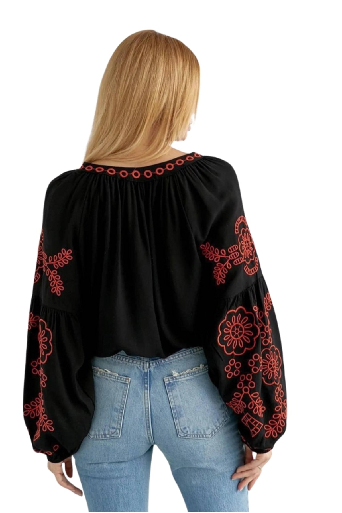 Tabitha Women's Cotton Blend Boho Embroidered Tassel Blouse - Black with Red Embroidery