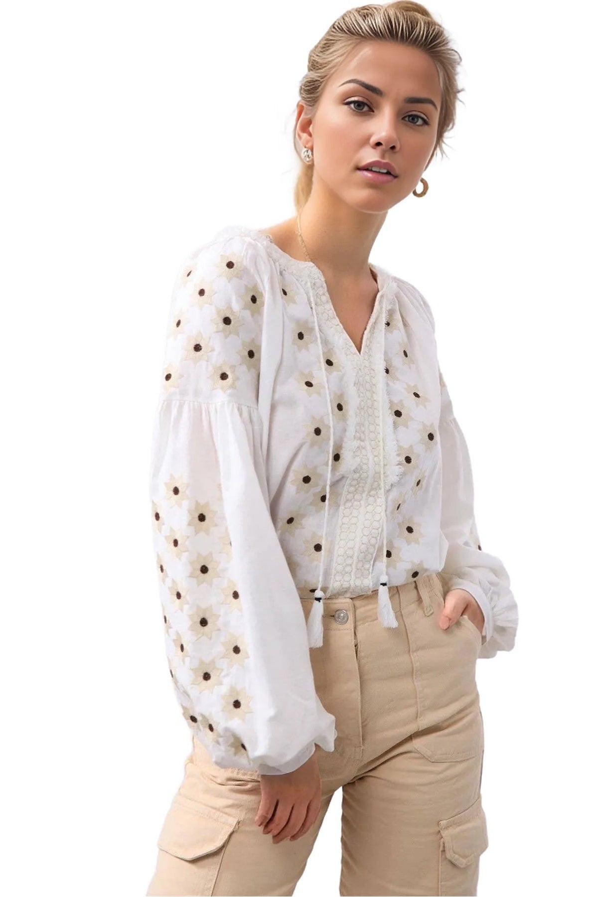 Penelope Women's Cotton Vintage Inspired Embroidered Blouse - White Star