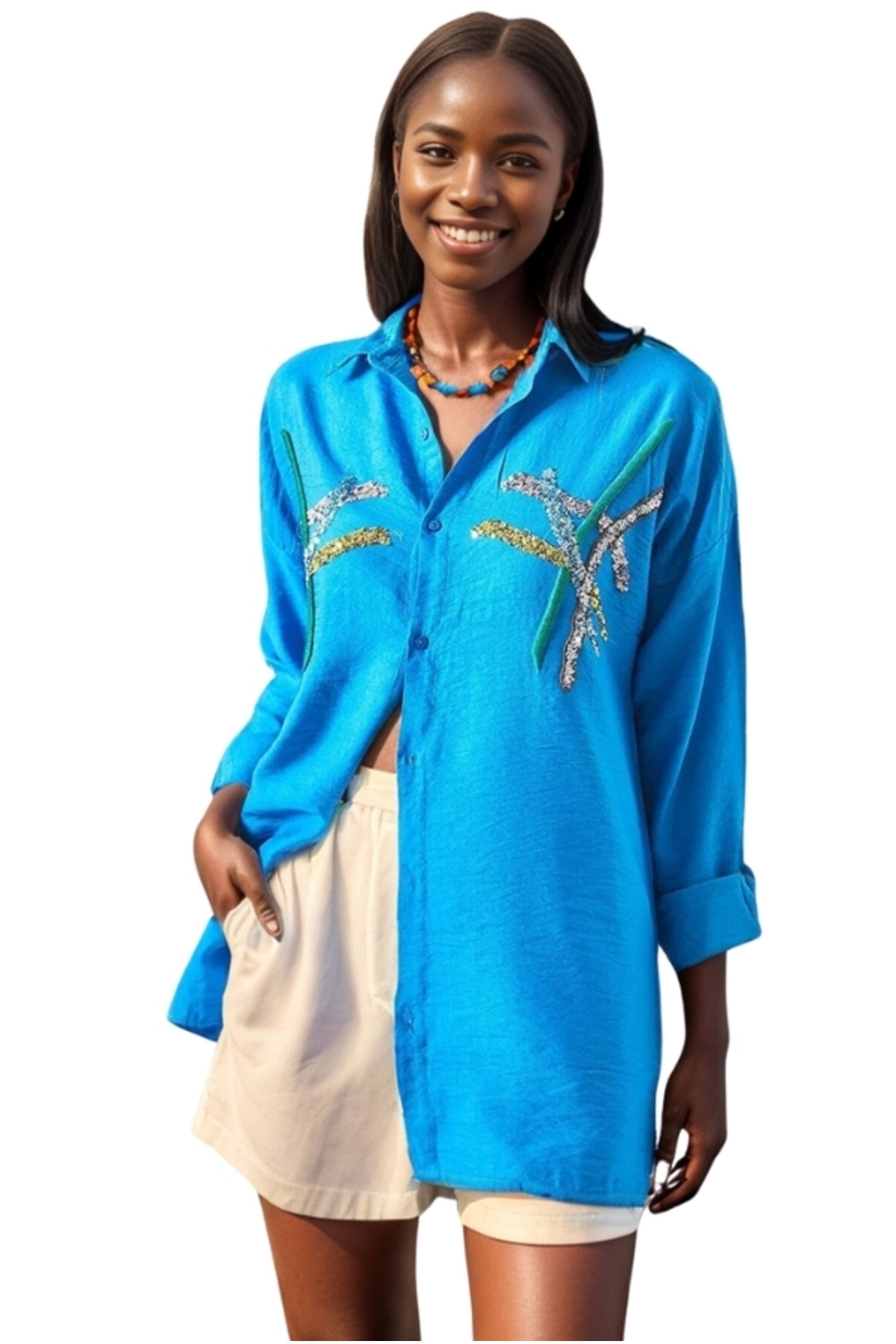 Natasha Women's Embroidered Oversized Shirt - Royal Blue Striped