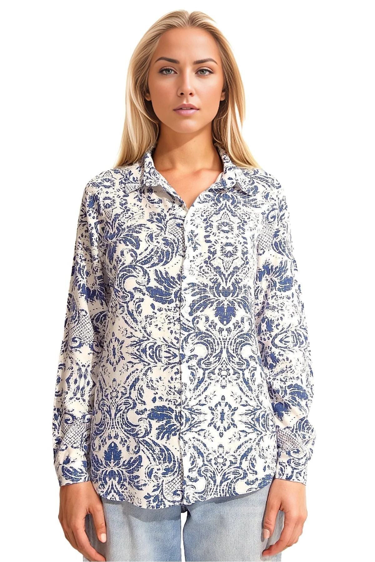Amelia Women's Viscose Long Sleeve Button-Up Shirt - Blue Floral