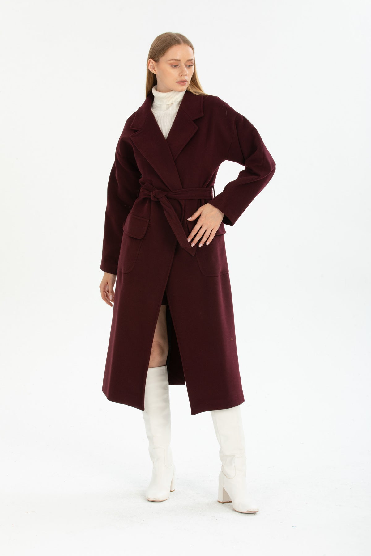 Anabel Women's Belted Notched Collar Coat - Plum - product image 6
