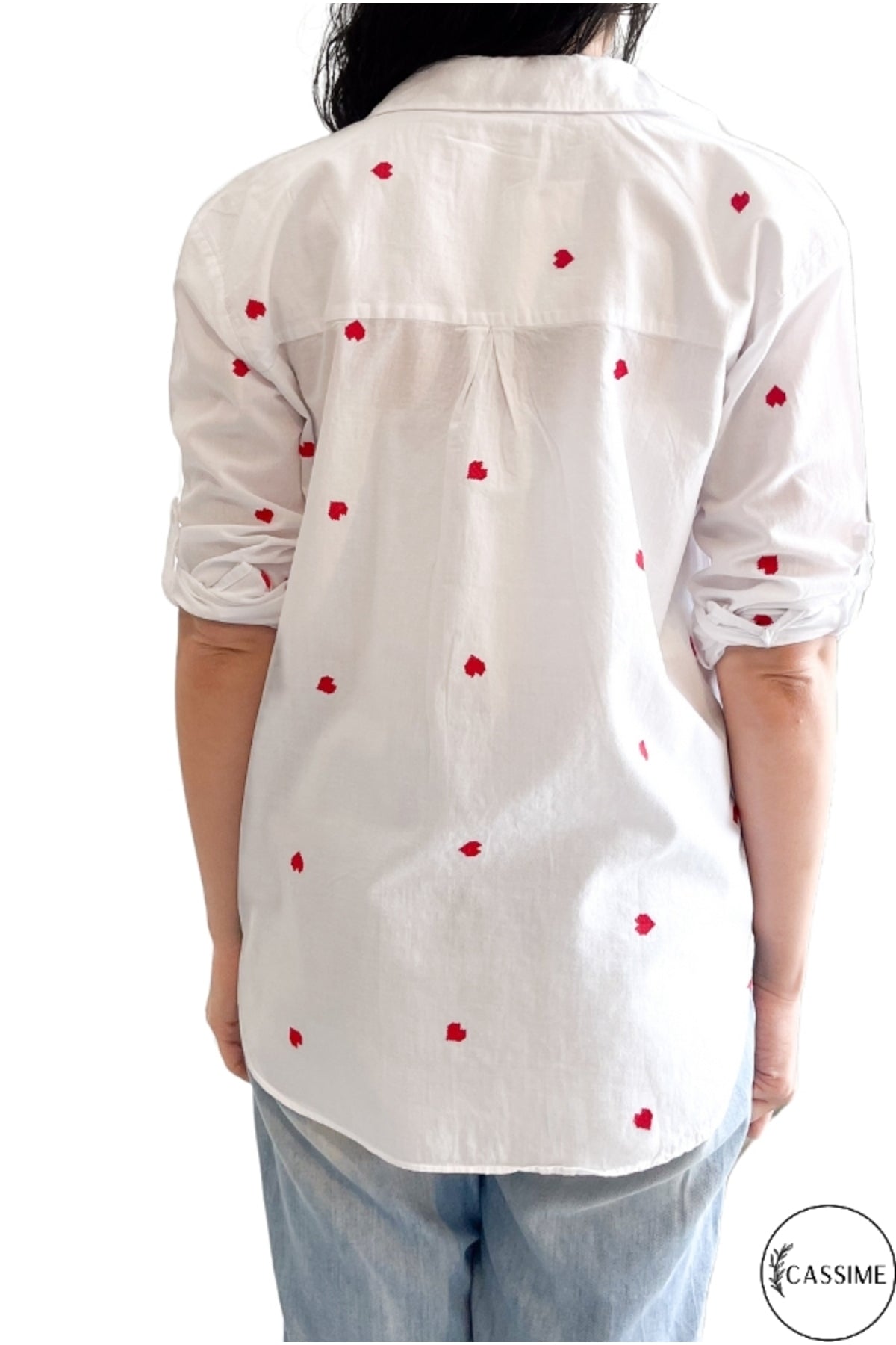 Ella Women's Cotton Embroidered Button-Up Shirt - White with Red Hearts