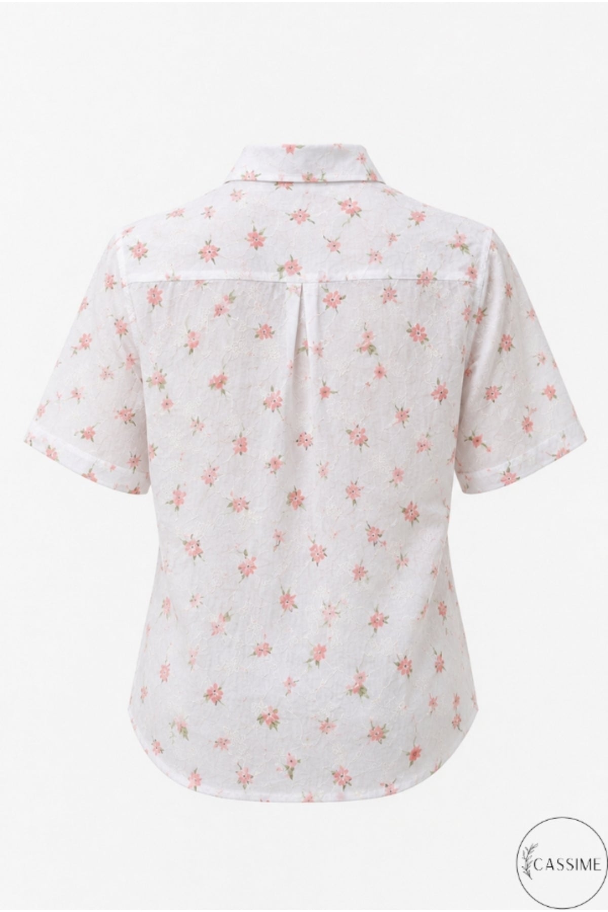 Alice Women's Cotton Floral Short Sleeve Shirt - Ecru with Pink Ditsy Floral Embroidery