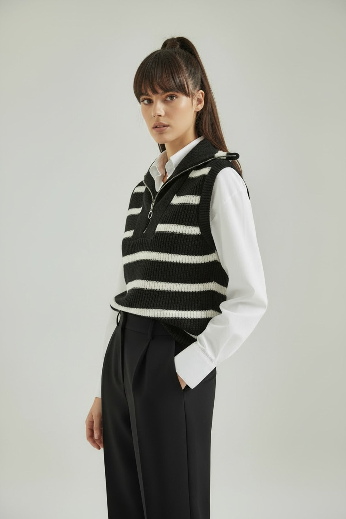 Beatrice Women's Striped Zip-Neck Sweater Vest - Black and White
