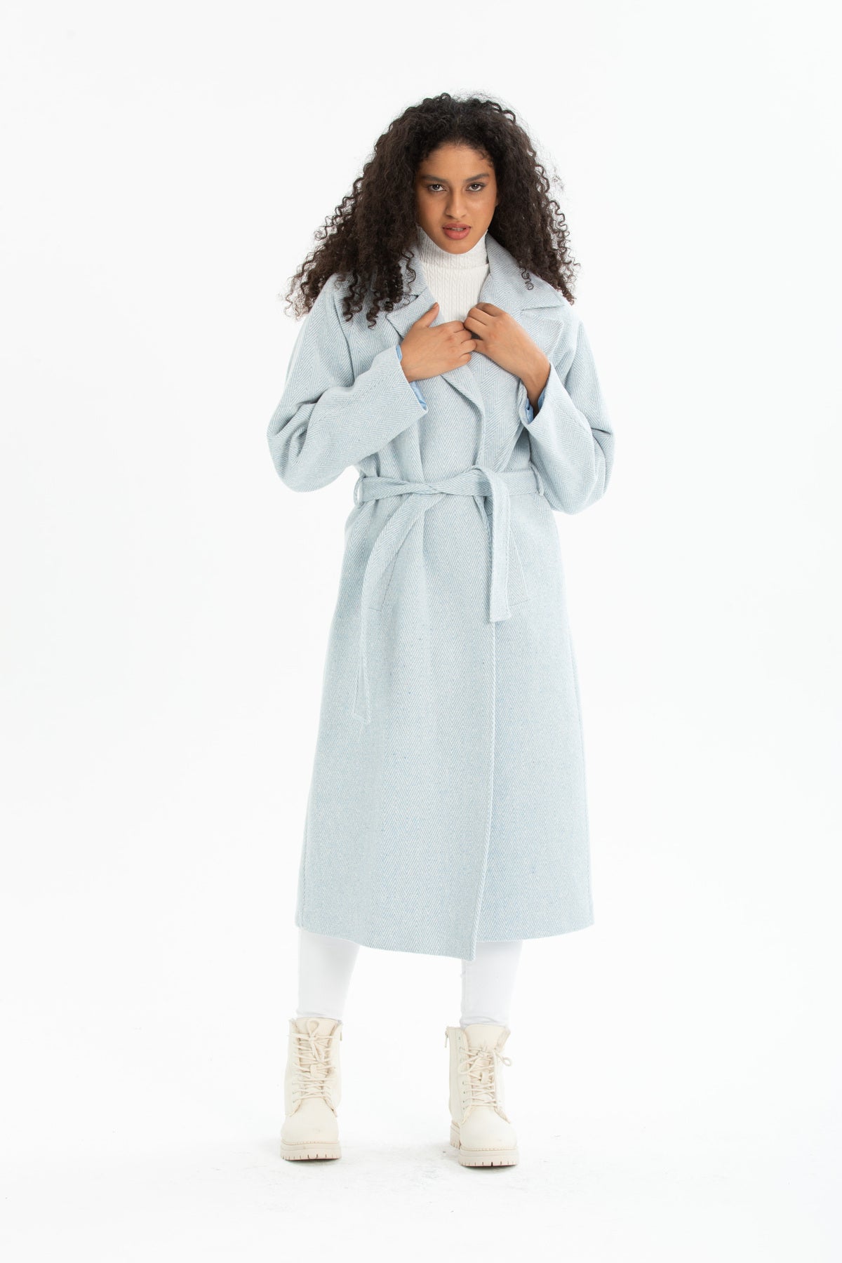 Beatrix Women's Herringbone Belted Coat - Blue Herringbone - product image 1