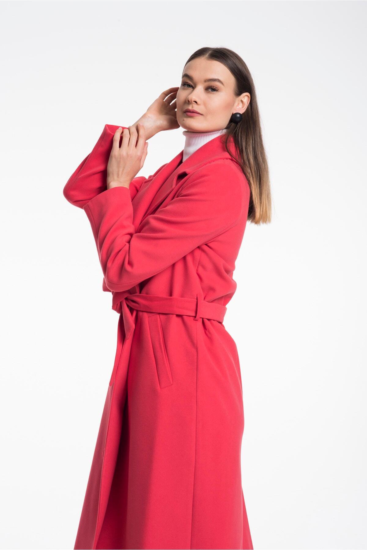 Faye Women's Belted Notched Collar Coat - Matte Coral Red - product image 6