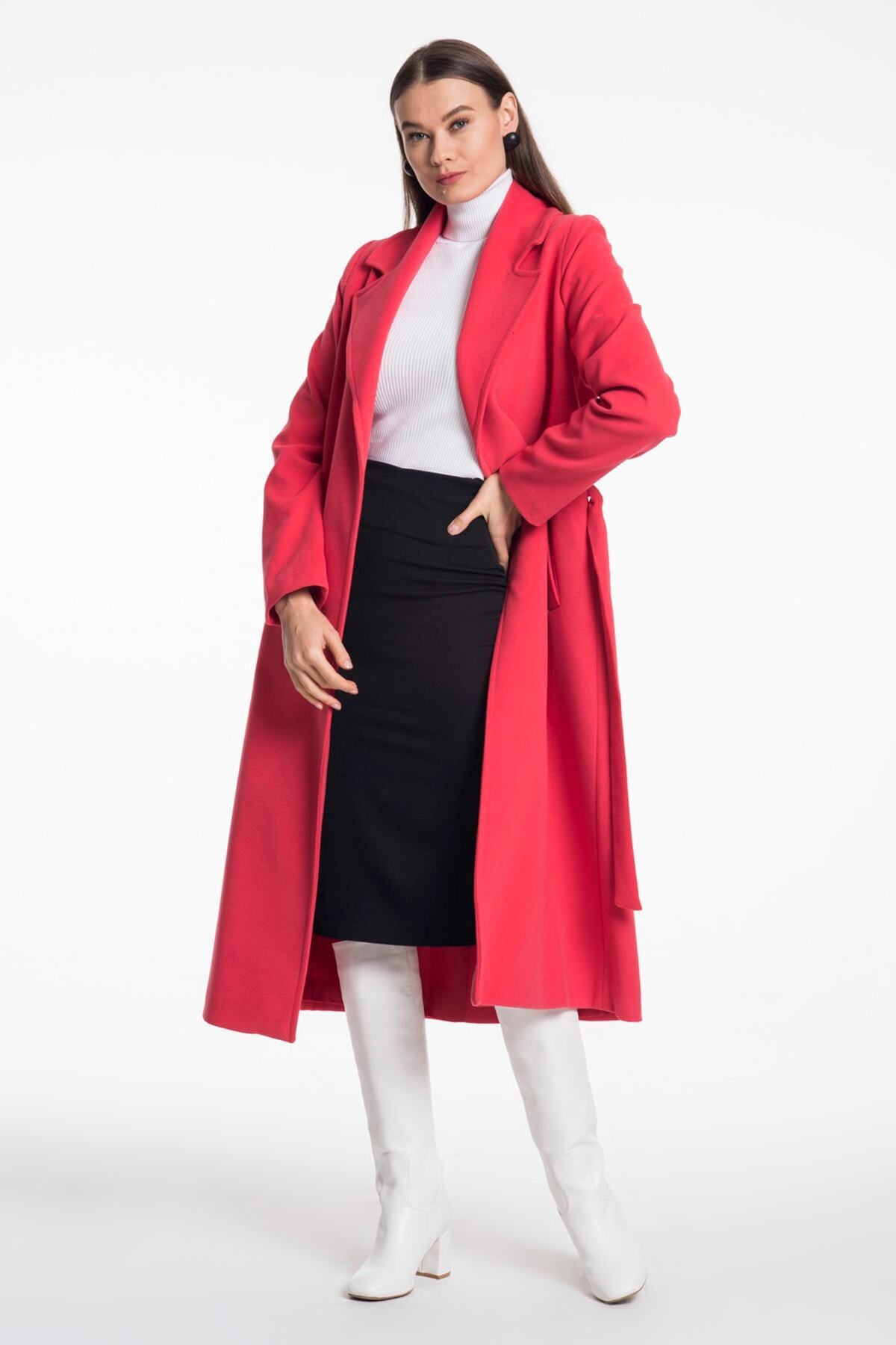 Faye Women's Belted Notched Collar Coat - Matte Coral Red - product image 2