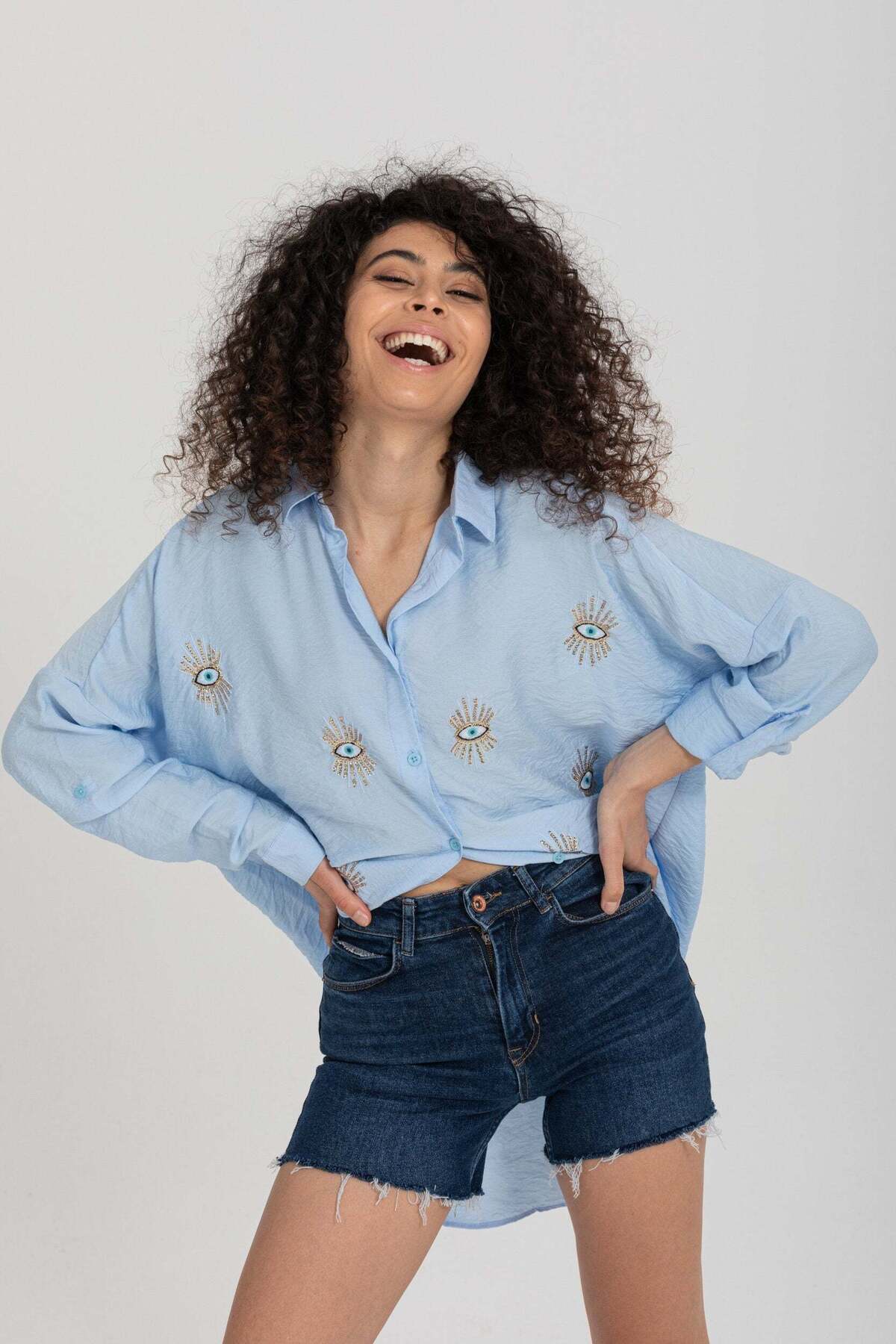 Delilah Women's Oversized Embellished Long Sleeve Shirt - Light Blue