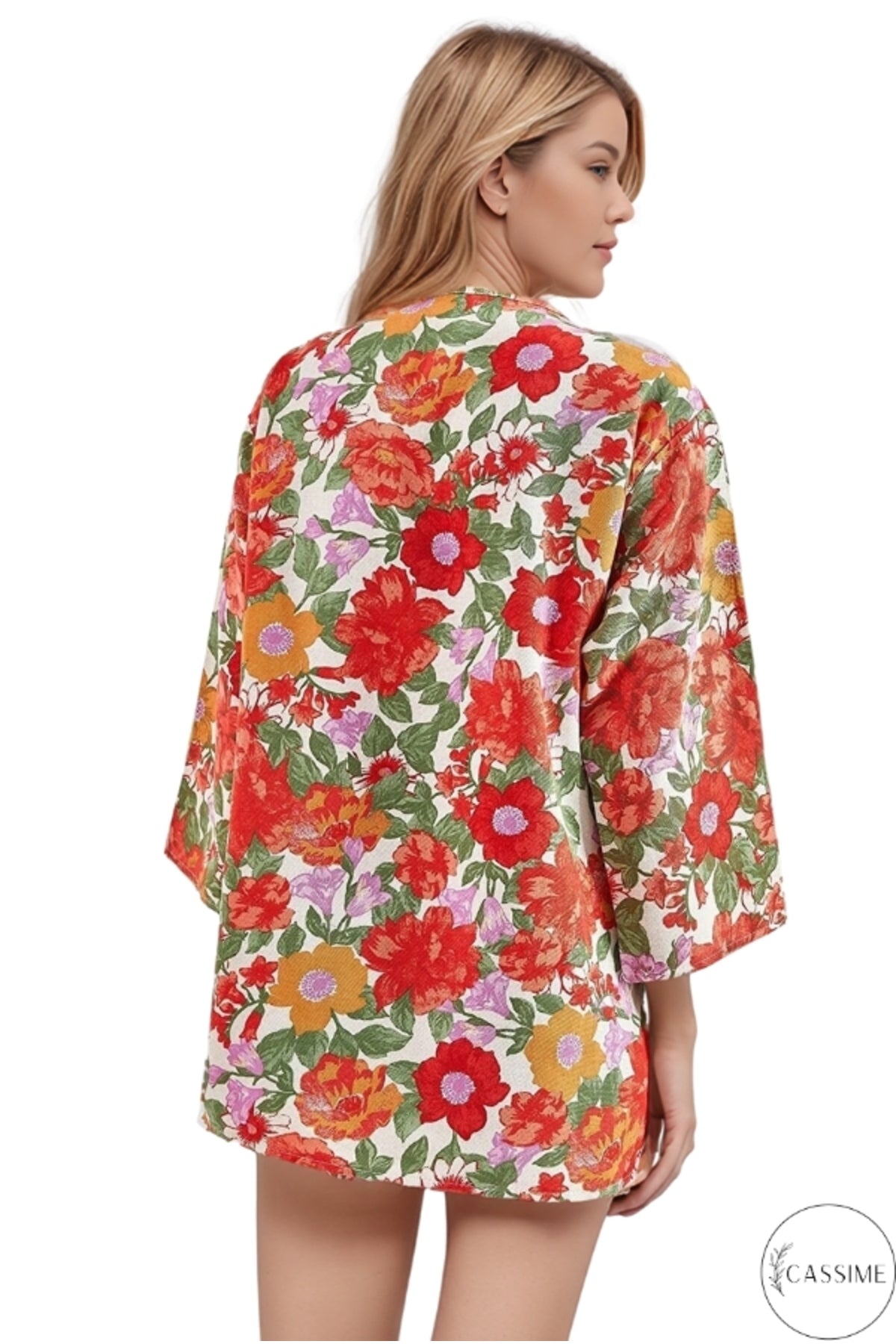 Catherine Women's Linen-Viscose Blend Relaxed Fit Kimono - Bright Red Floral