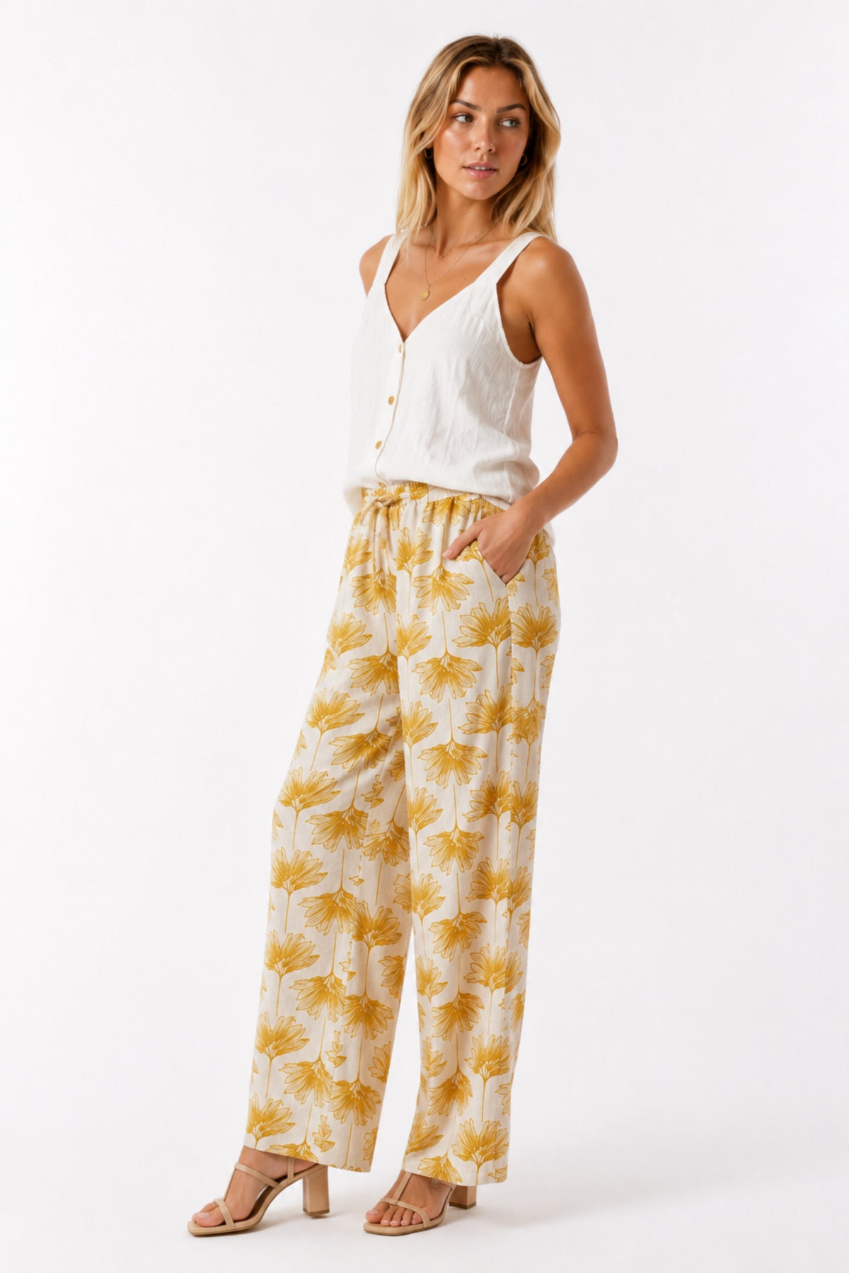 Lucy Women's Linen-Viscose Blend Wide Leg Palazzo Pants - Yellow Ginkgo